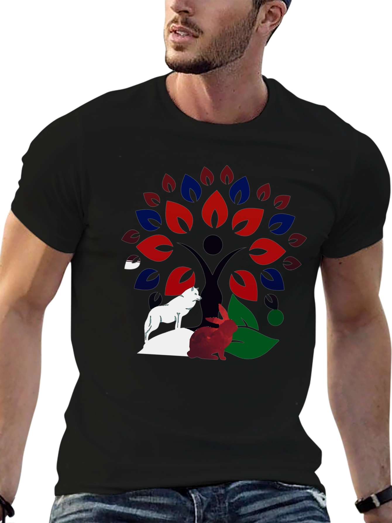 Nature Tree Wolf Rabbit Graphic T-Shirt