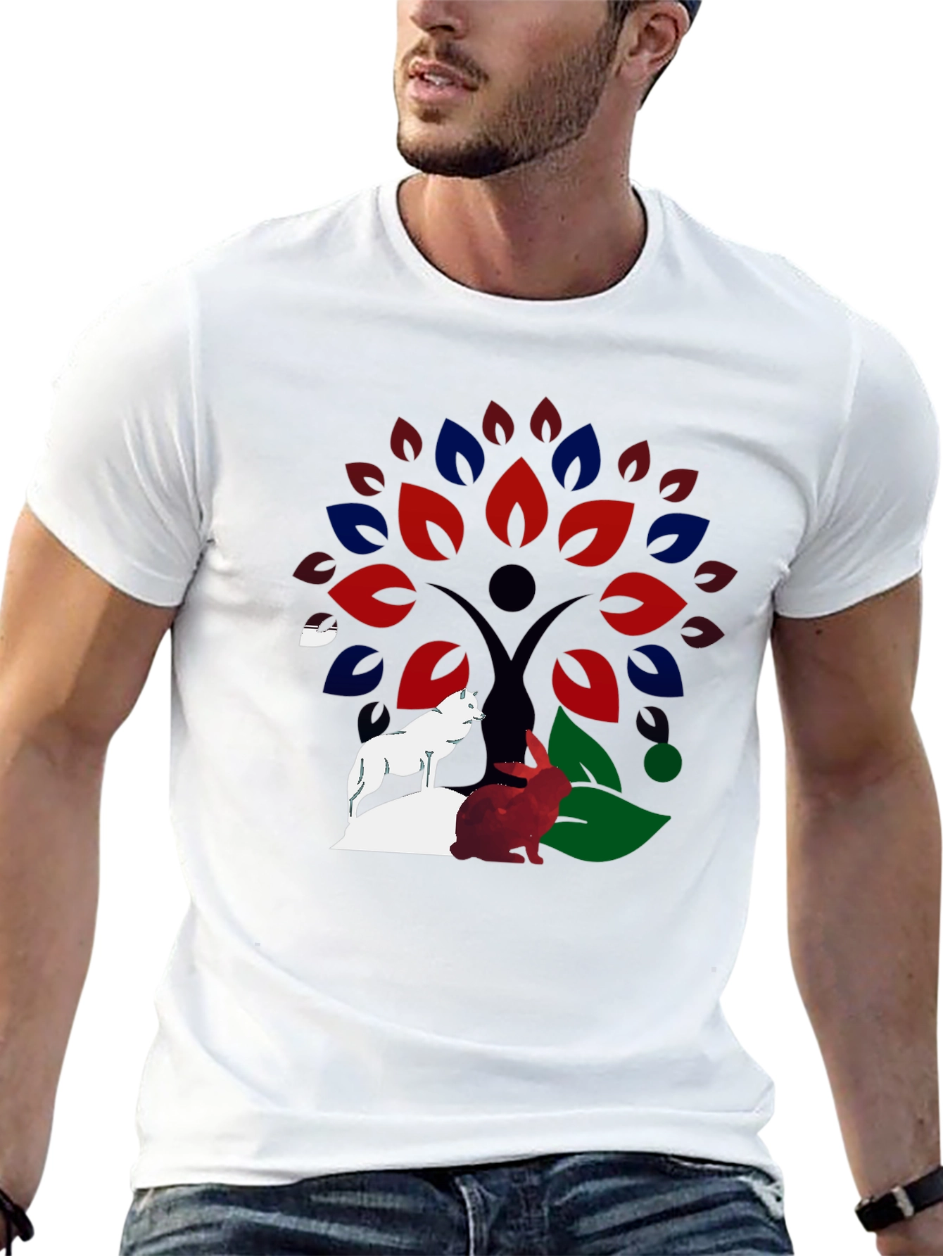 Nature Tree Wolf Rabbit Graphic T-Shirt