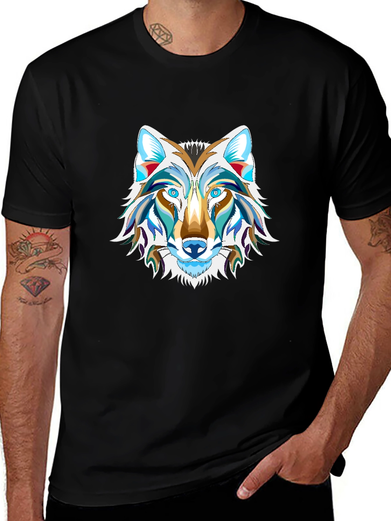 Mens Black Graphic Tee - Wolf Design