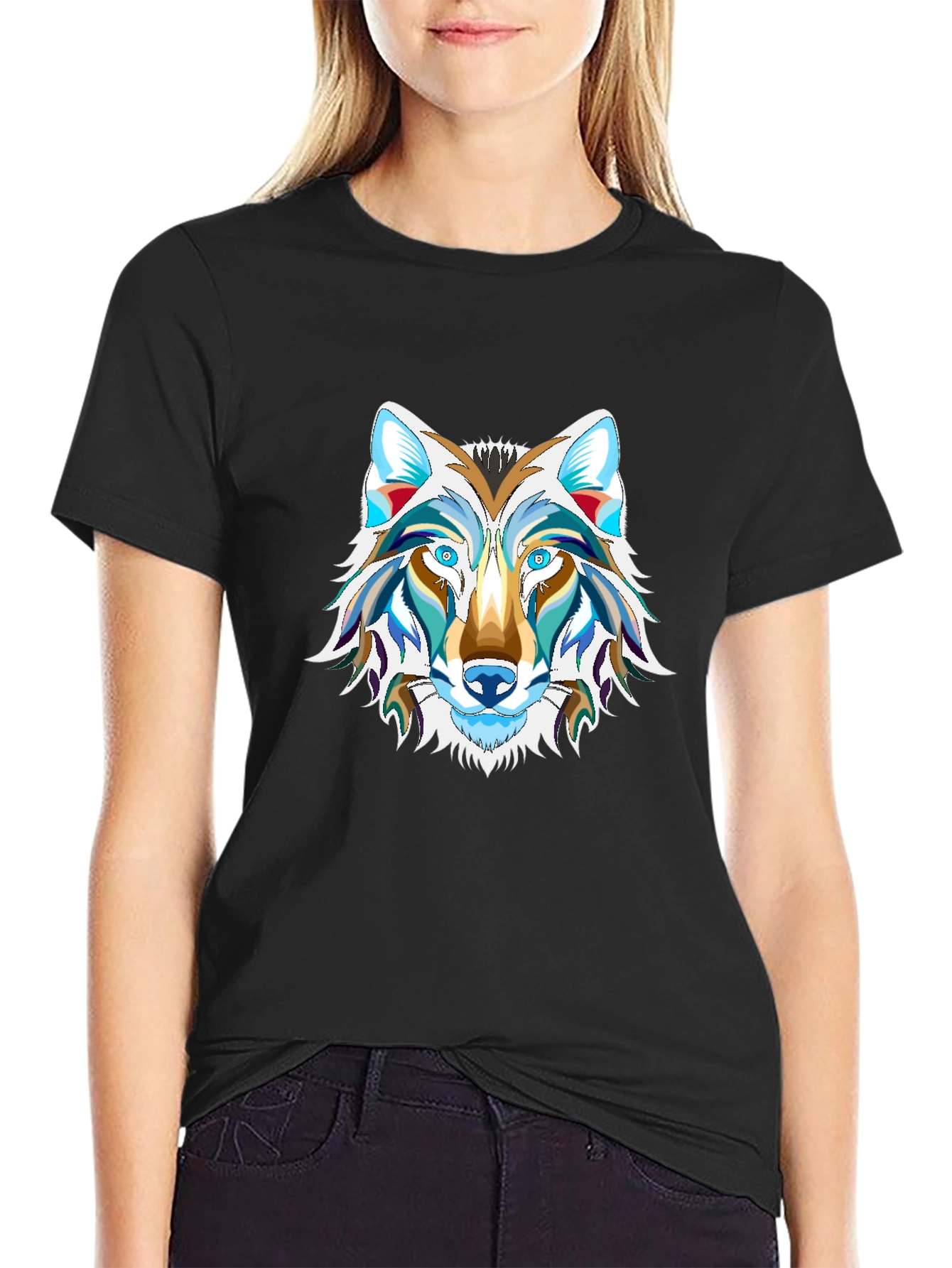 Mens Black Graphic Tee - Wolf Design