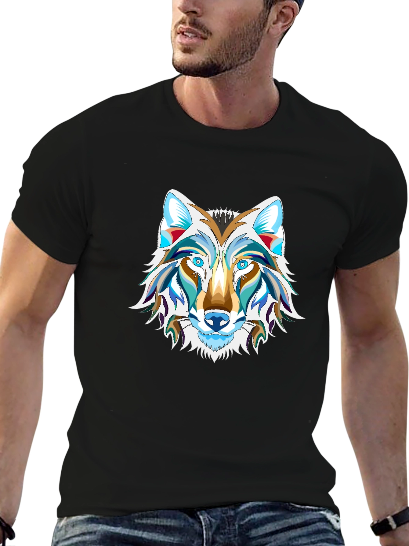 Mens Black Graphic Tee - Wolf Design