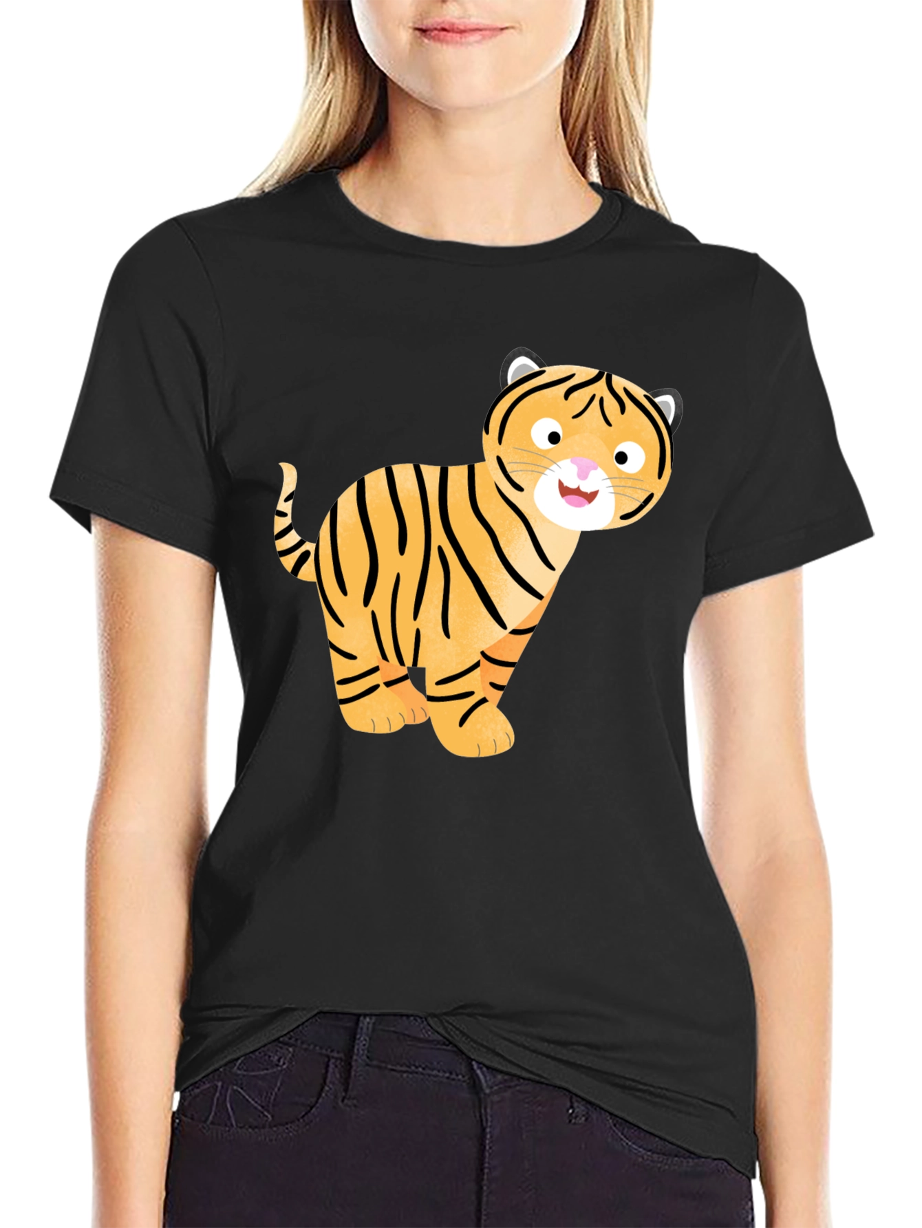 Cute Cartoon Tiger Graphic T-Shirt - Black
