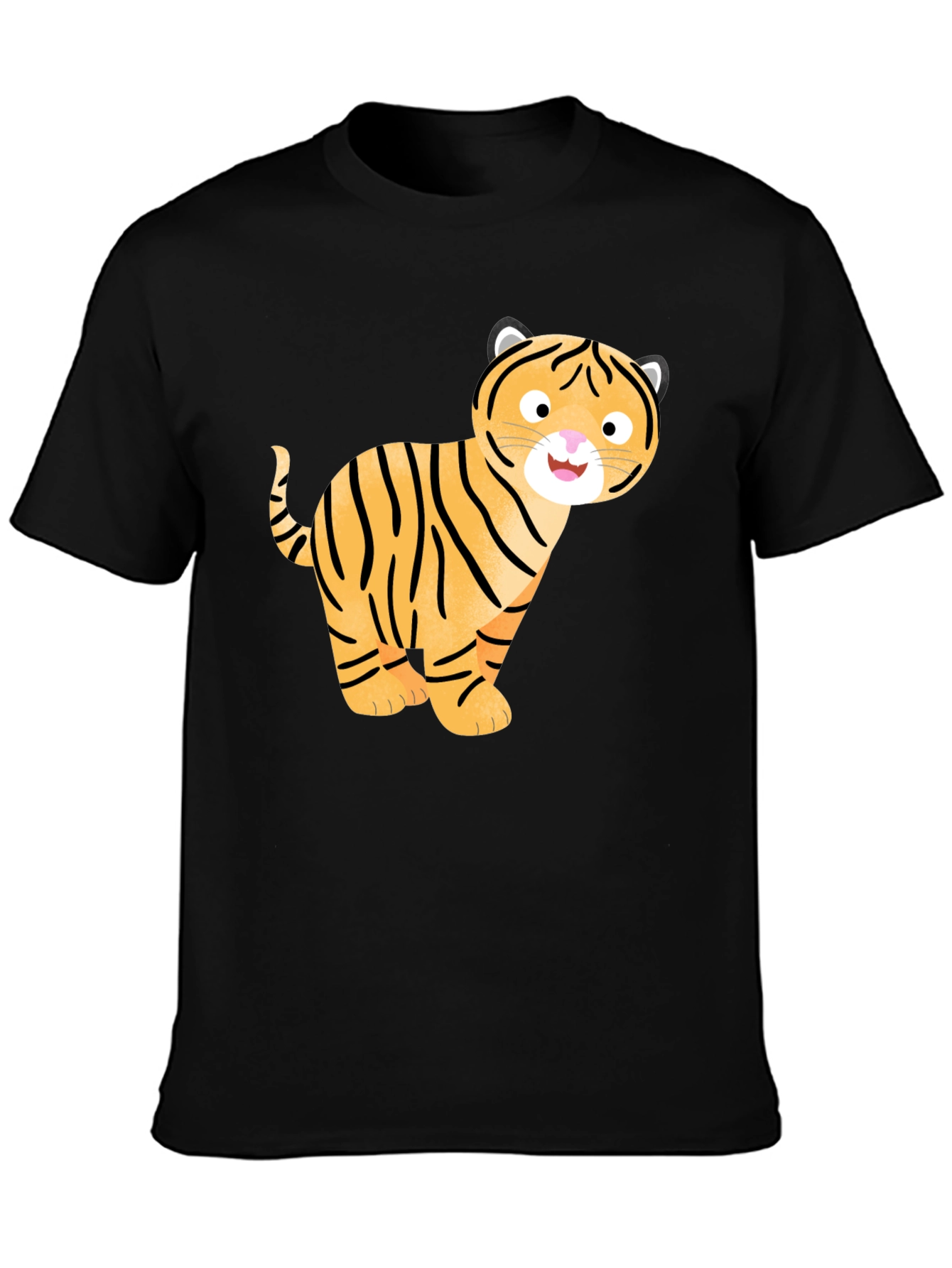 Cute Cartoon Tiger Graphic T-Shirt - Black