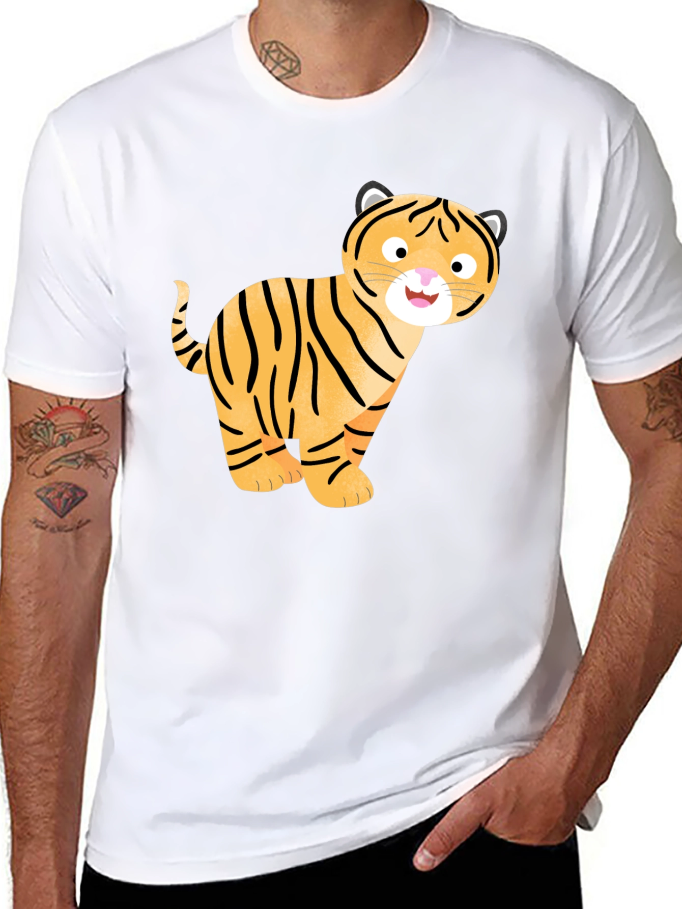 Cute Cartoon Tiger Graphic T-Shirt - Black