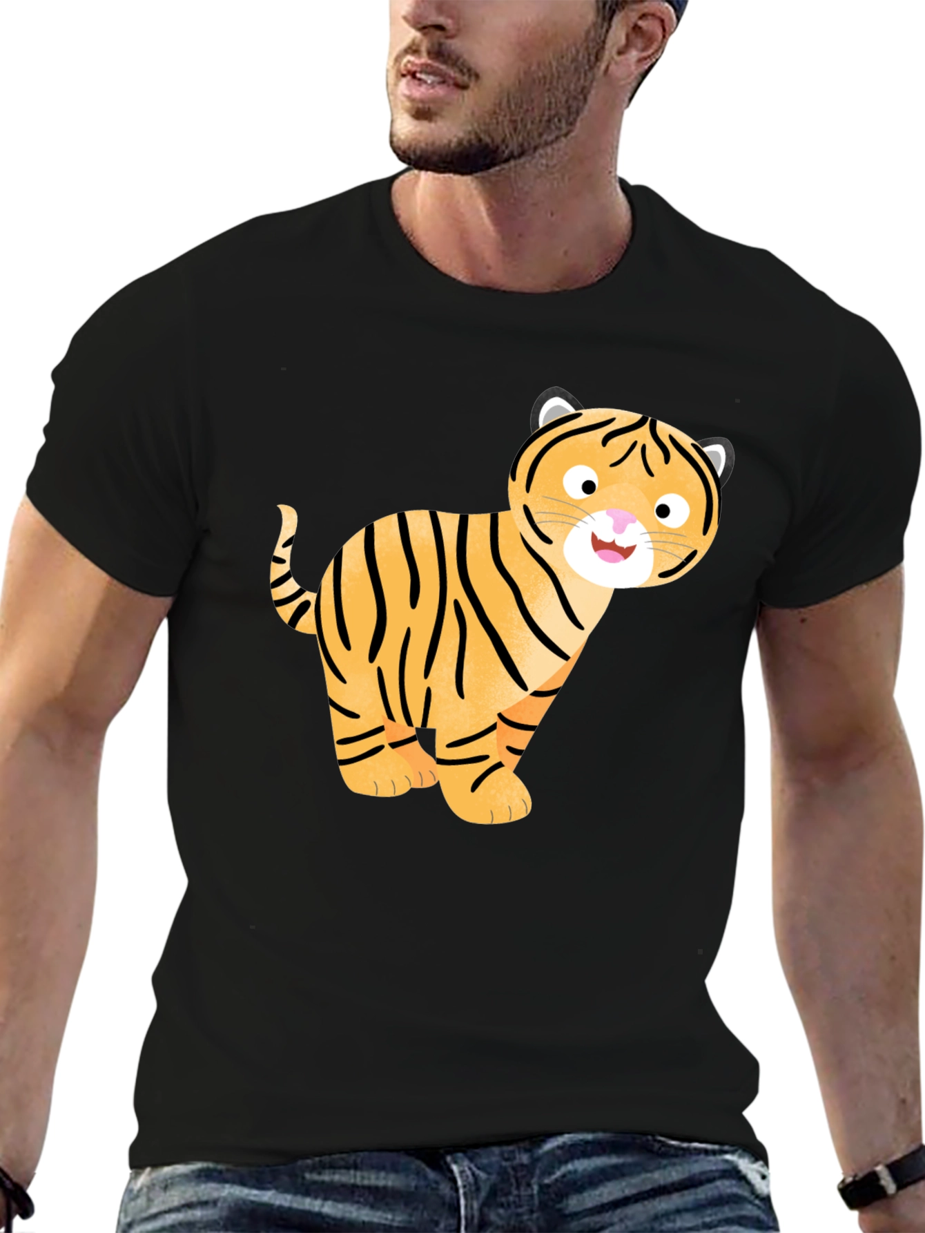 Cute Cartoon Tiger Graphic T-Shirt - Black