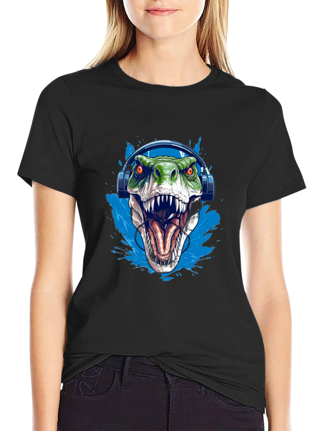 Dino Beats T-Shirt - Green T-Rex with Headphones