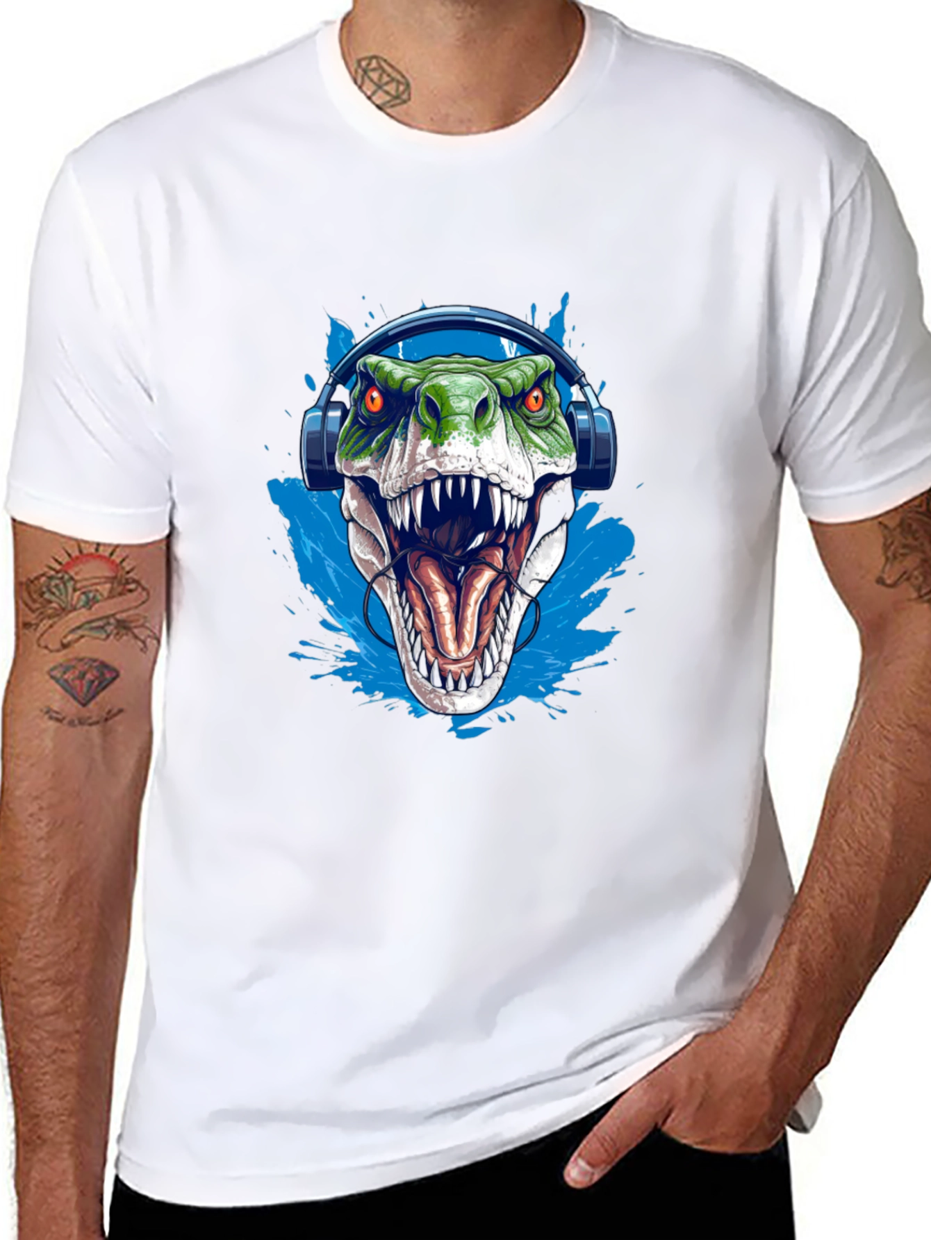 Dino Beats T-Shirt - Green T-Rex with Headphones