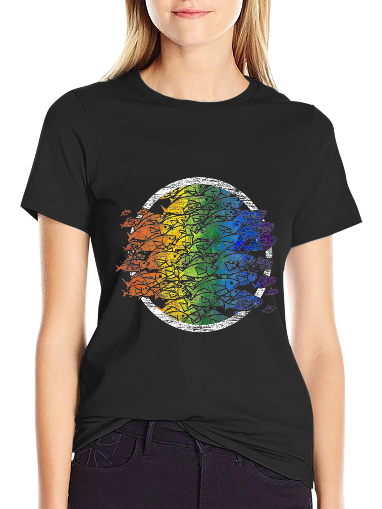 Rainbow Fish Circle Black Tee