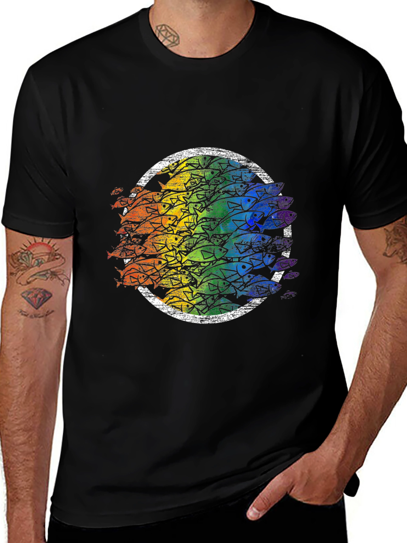 Rainbow Fish Circle Black Tee