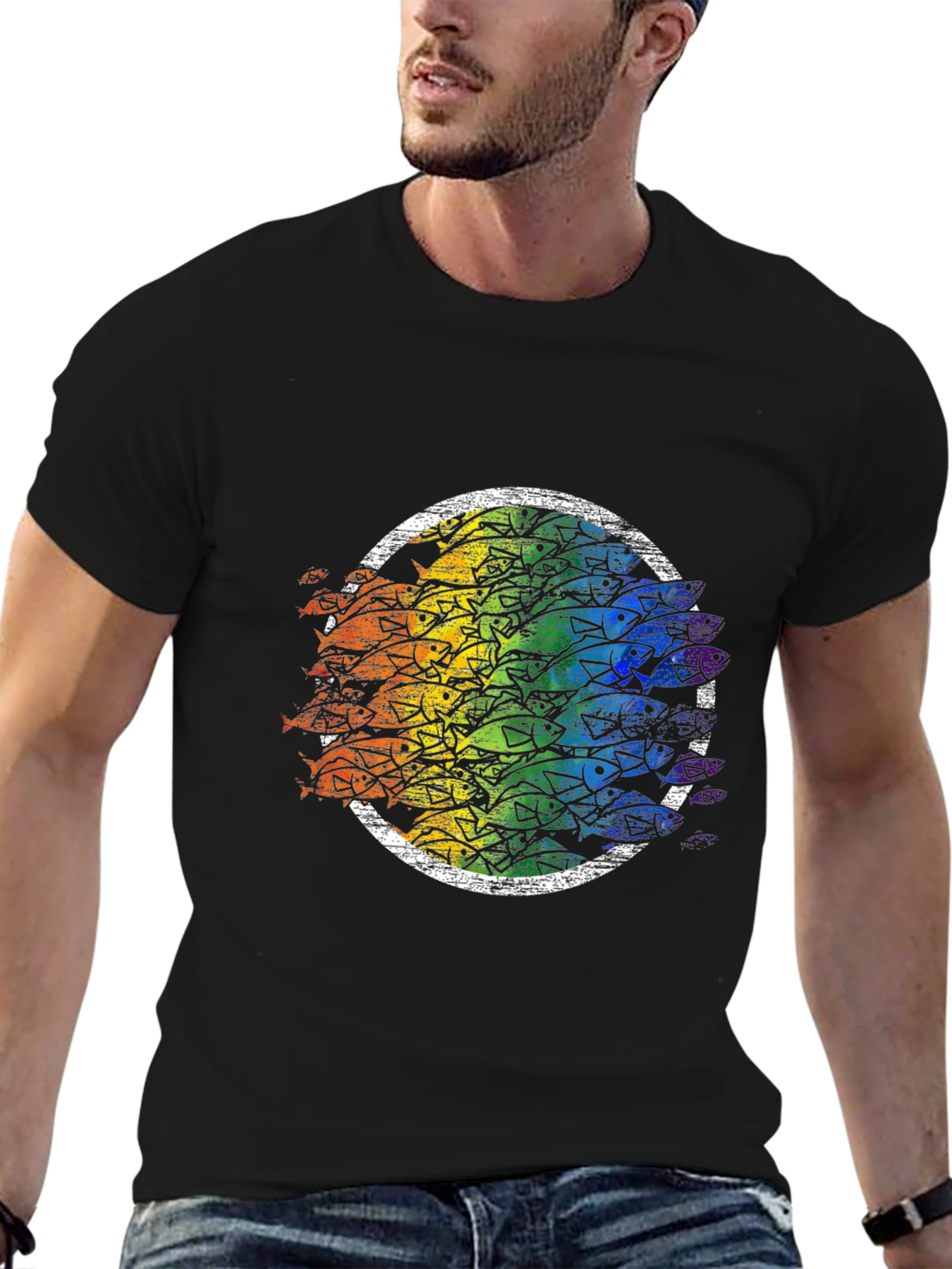 Rainbow Fish Circle Black Tee