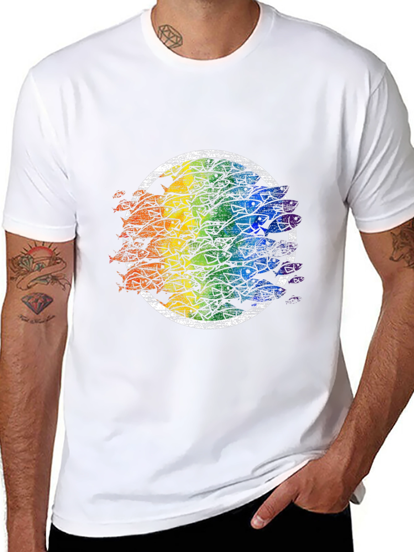 Rainbow Fish Circle Black Tee