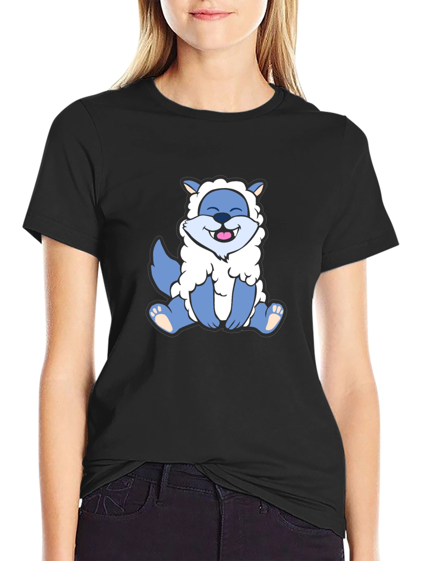 Cute Cartoon Wolf in Sheeps Clothing Black T-Shirt