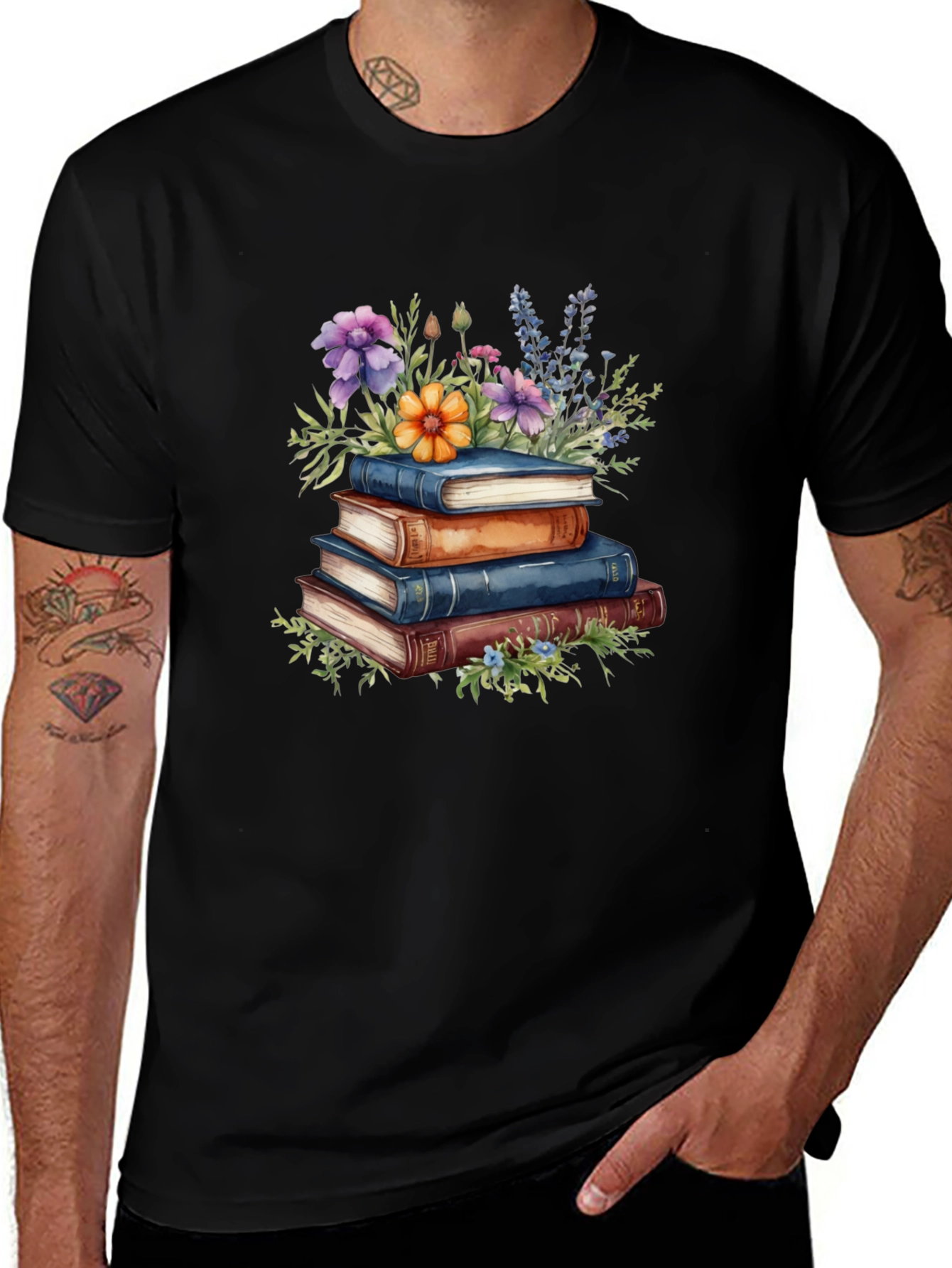 Book Stack & Floral Print T-Shirt