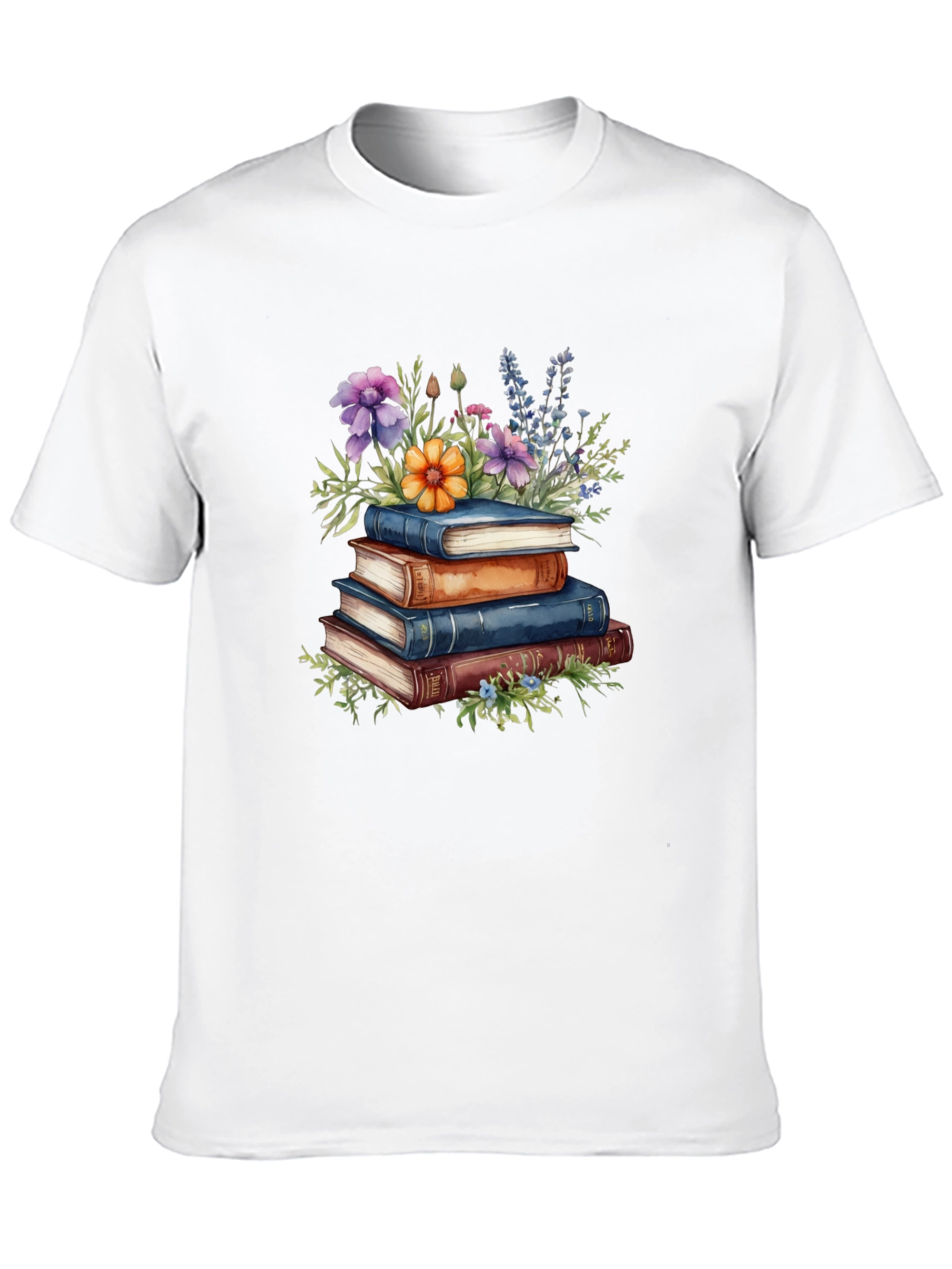Book Stack & Floral Print T-Shirt