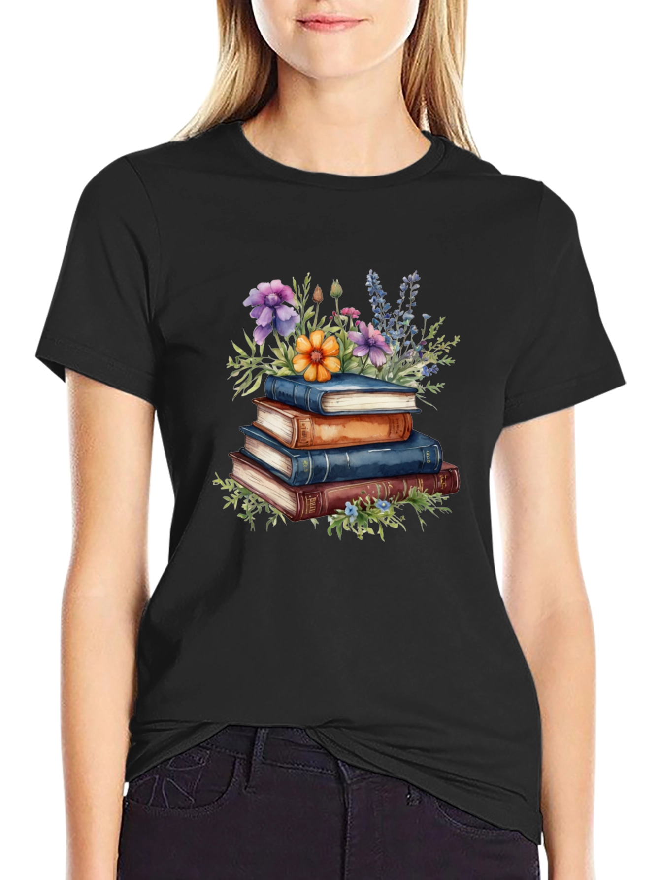 Book Stack & Floral Print T-Shirt