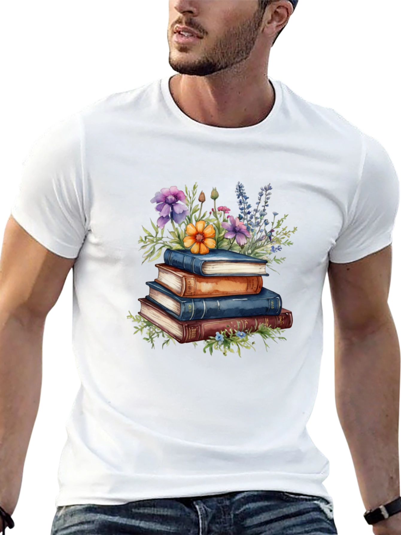 Book Stack & Floral Print T-Shirt
