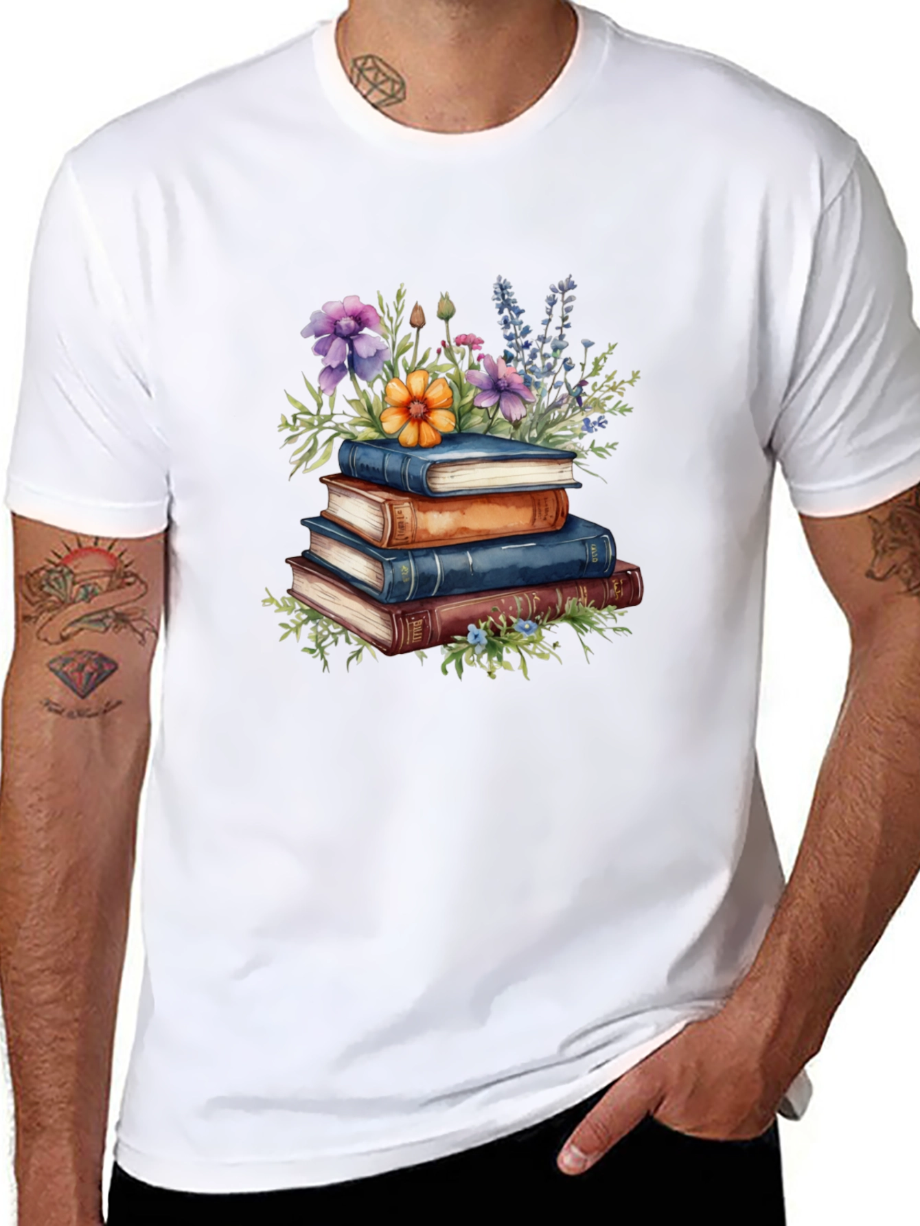 Book Stack & Floral Print T-Shirt