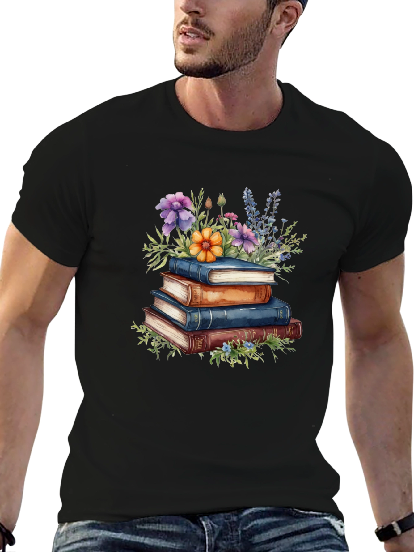 Book Stack & Floral Print T-Shirt