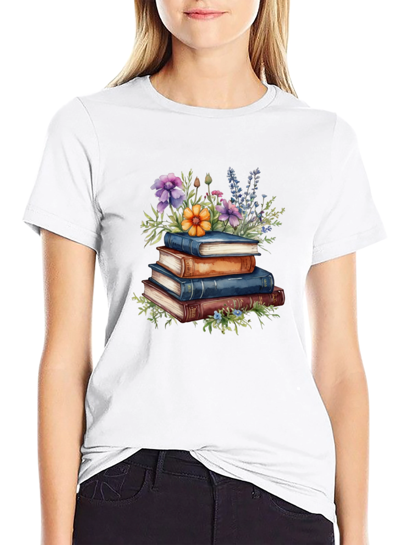 Book Stack & Floral Print T-Shirt