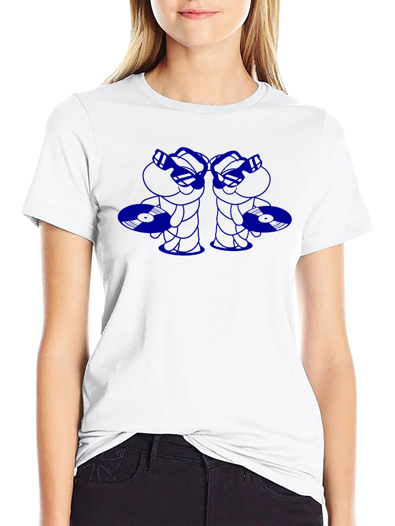 Blue Cartoon Graphic Print Black T-Shirt
