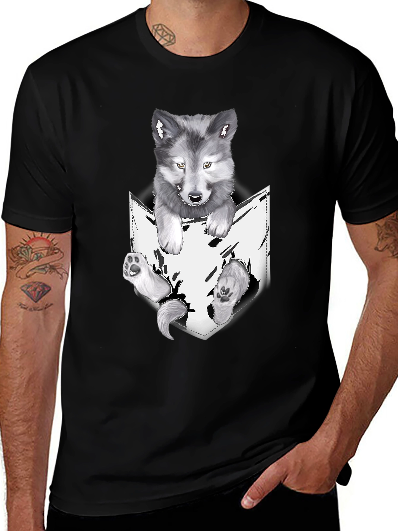 Wolf Pup in Pocket Graphic Tee - Black