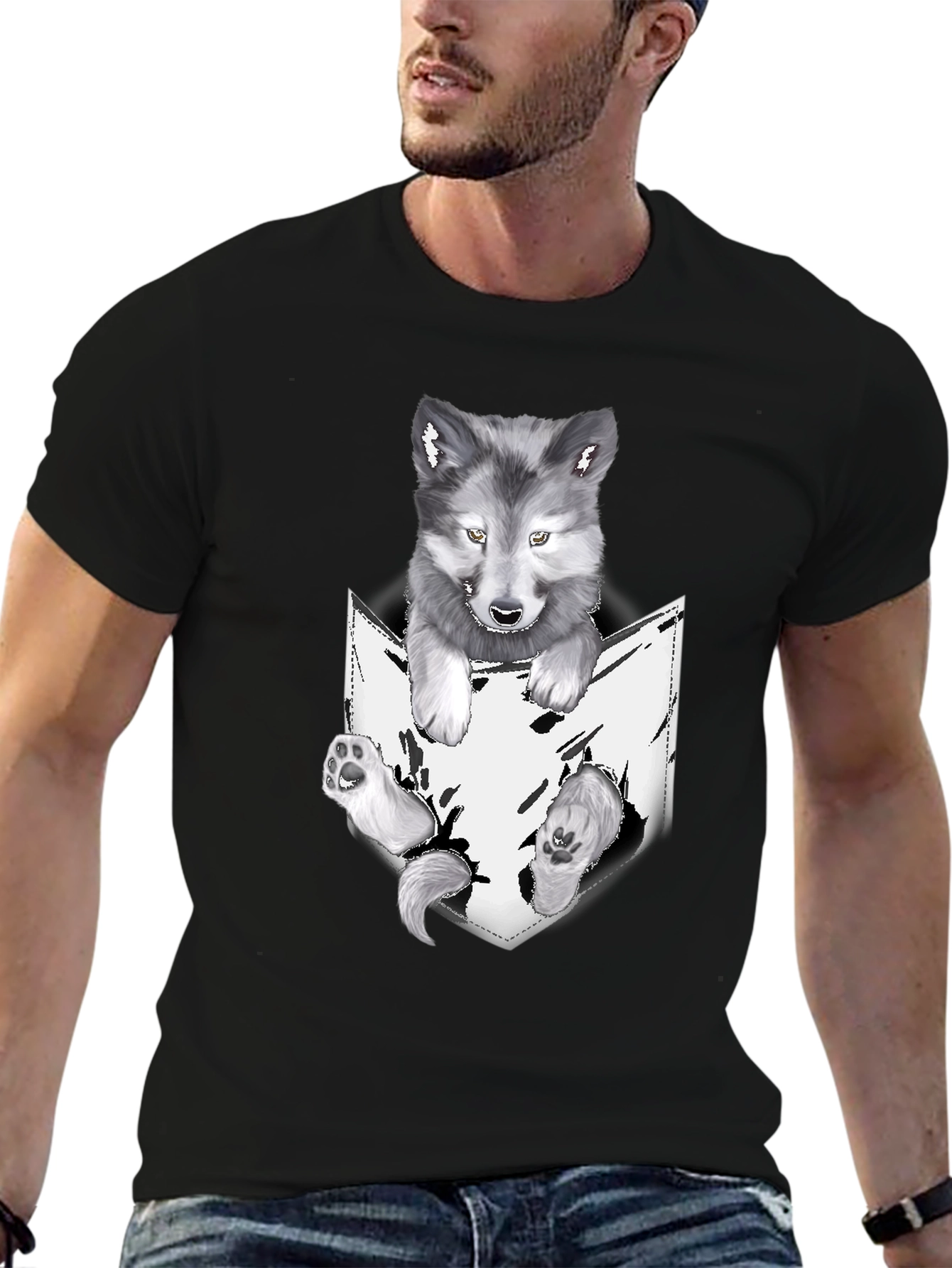Wolf Pup in Pocket Graphic Tee - Black