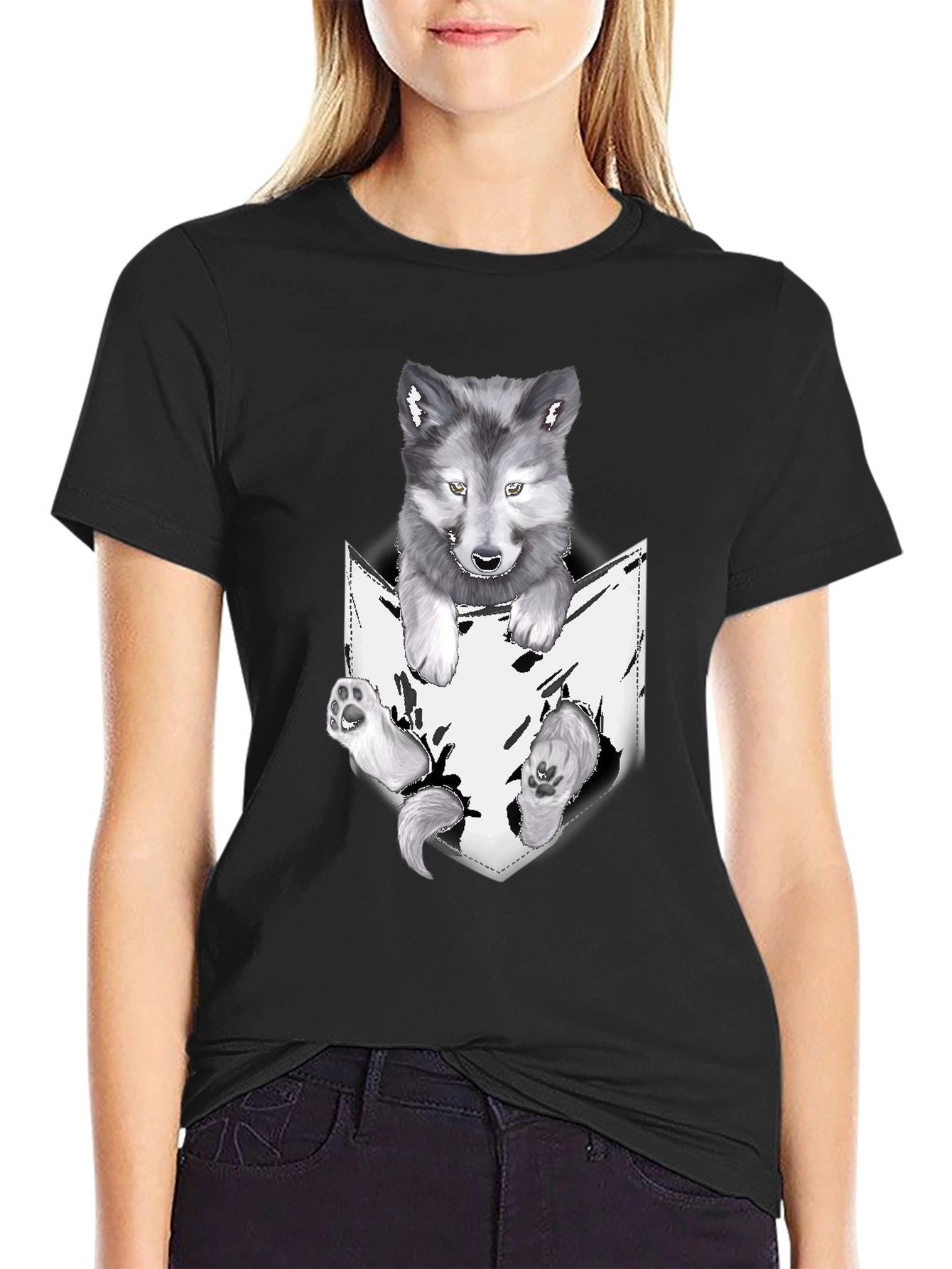 Wolf Pup in Pocket Graphic Tee - Black