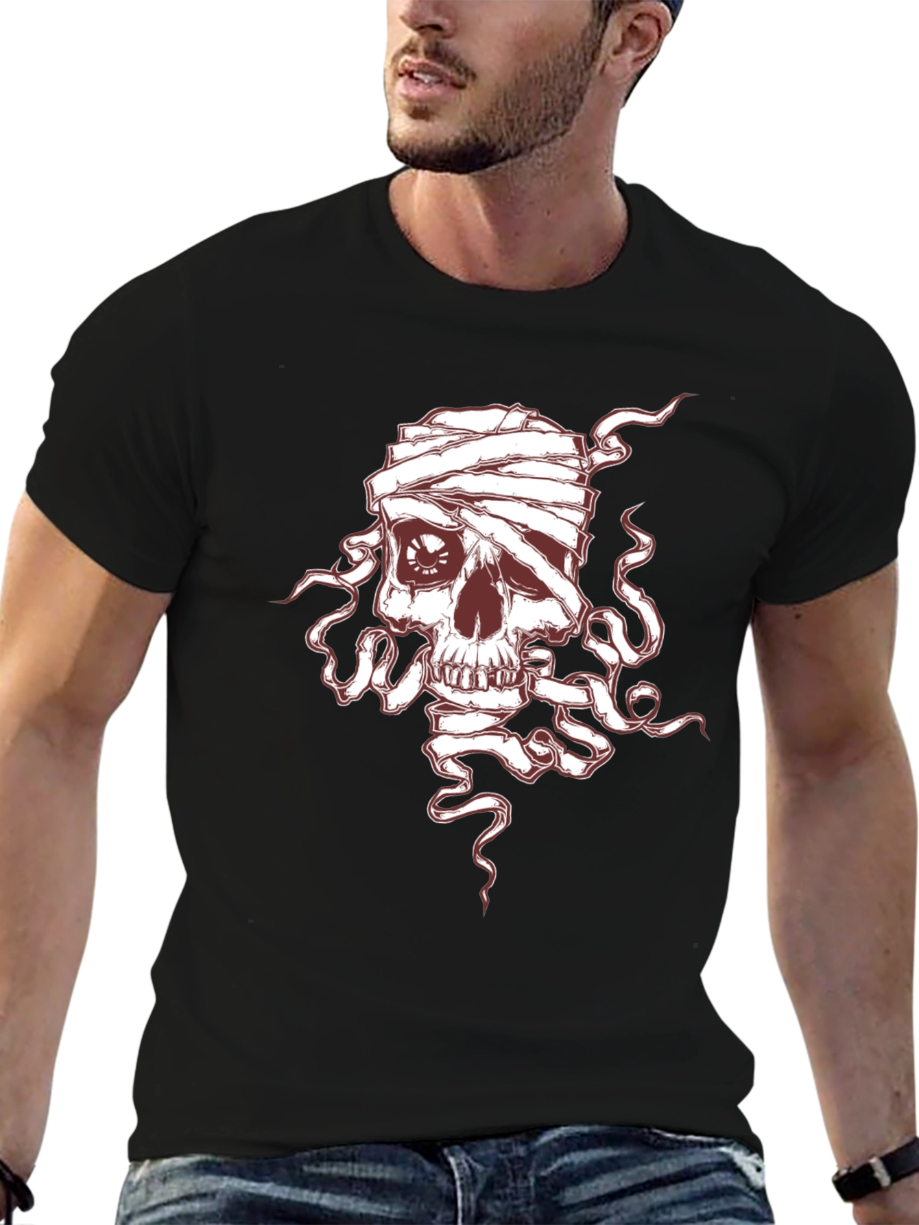 Skull Mummy Graphic Tee - Black Cotton T-Shirt