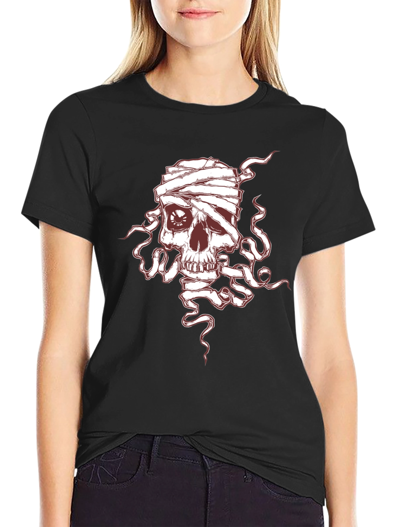 Skull Mummy Graphic Tee - Black Cotton T-Shirt