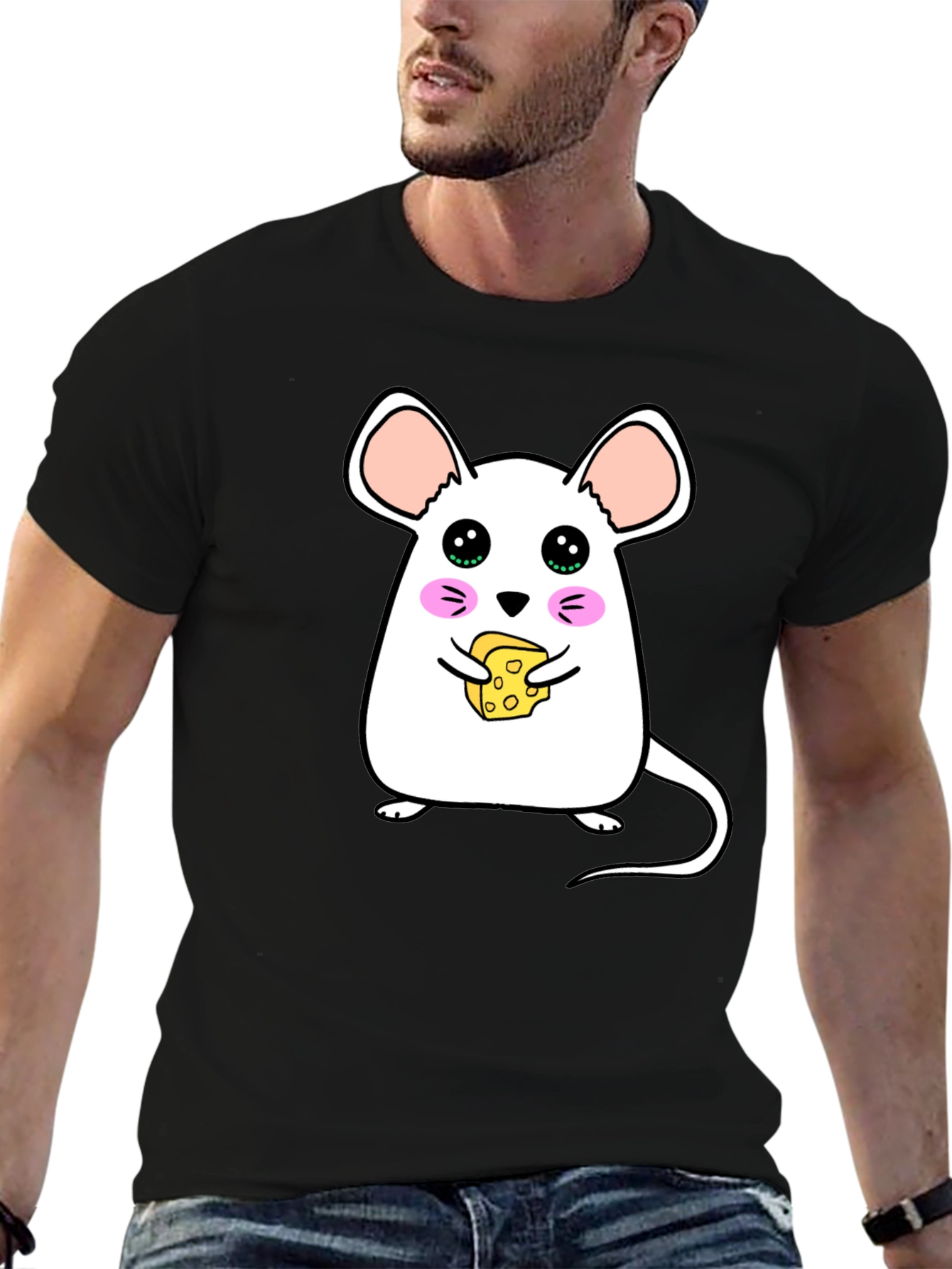Cute Cartoon Mouse Eating Cheese Graphic T-Shirt