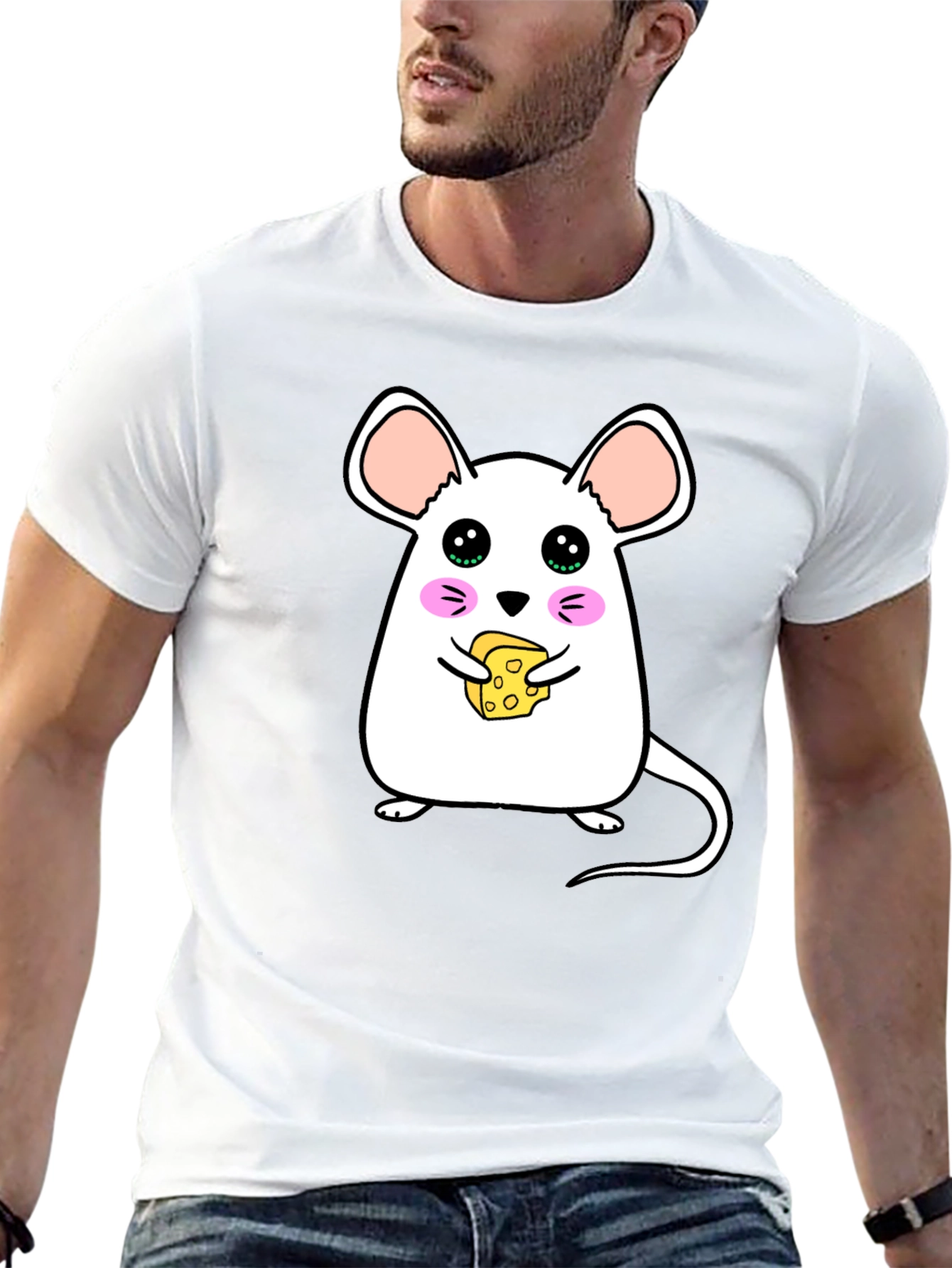 Cute Cartoon Mouse Eating Cheese Graphic T-Shirt