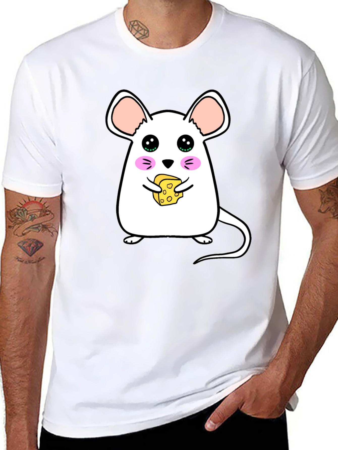Cute Cartoon Mouse Eating Cheese Graphic T-Shirt