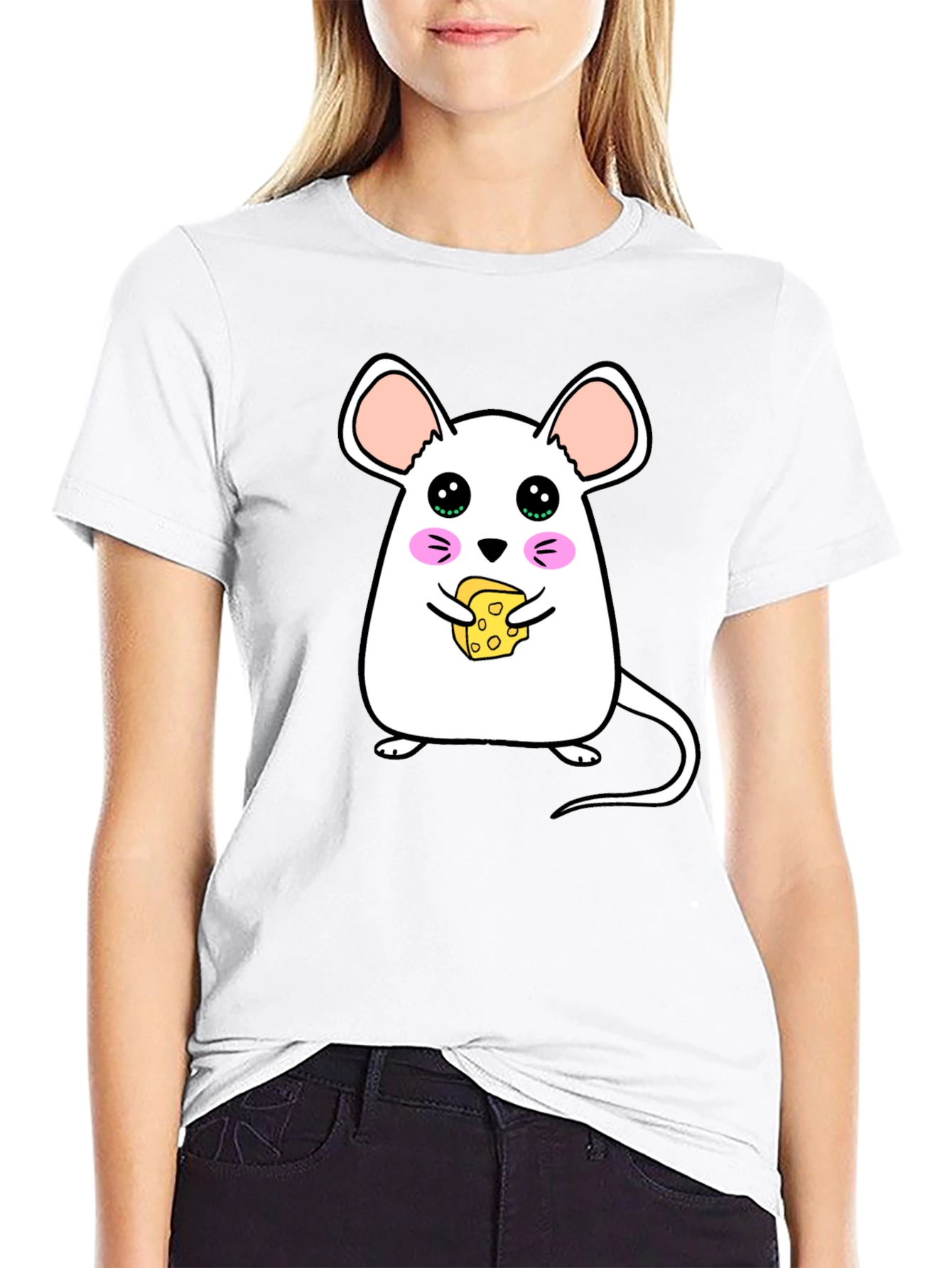 Cute Cartoon Mouse Eating Cheese Graphic T-Shirt