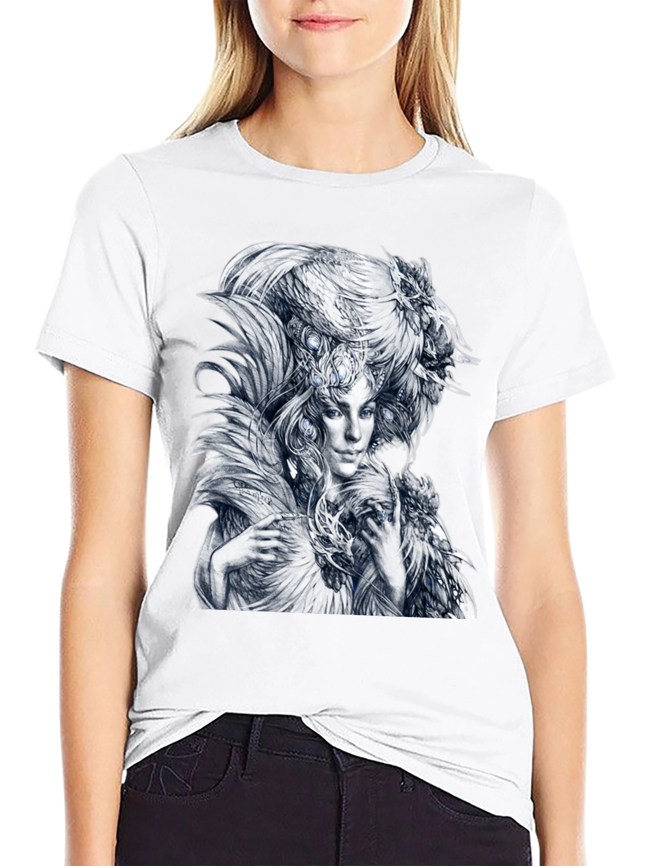 Feathered Woman Graphic Tee - Stylish Black T-Shirt