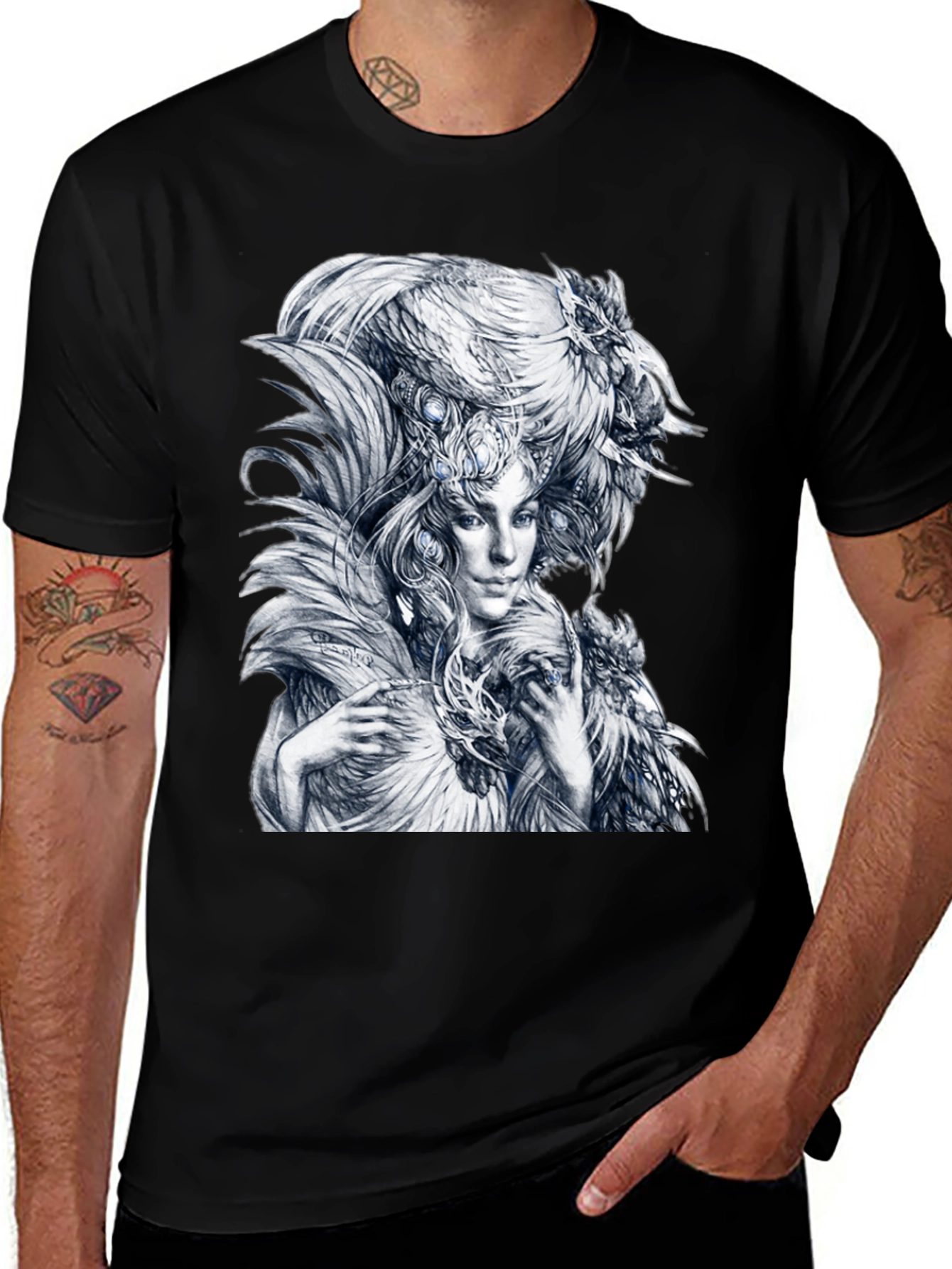 Feathered Woman Graphic Tee - Stylish Black T-Shirt