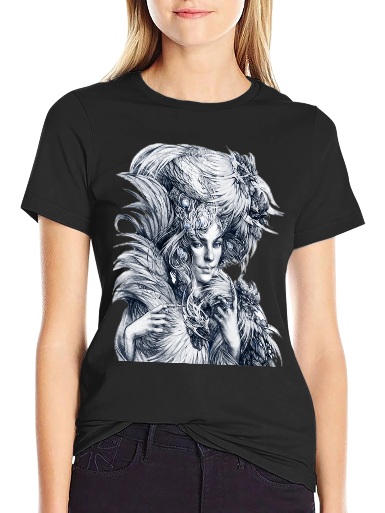 Feathered Woman Graphic Tee - Stylish Black T-Shirt