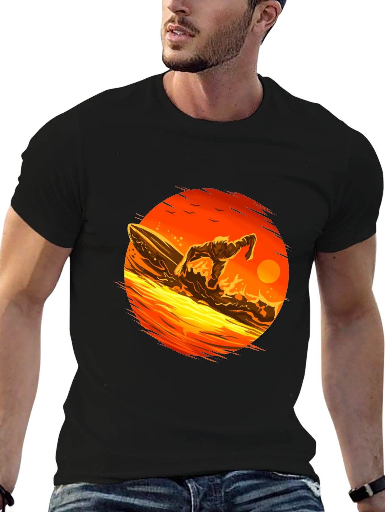 Sunset Surfer Graphic Black T-Shirt