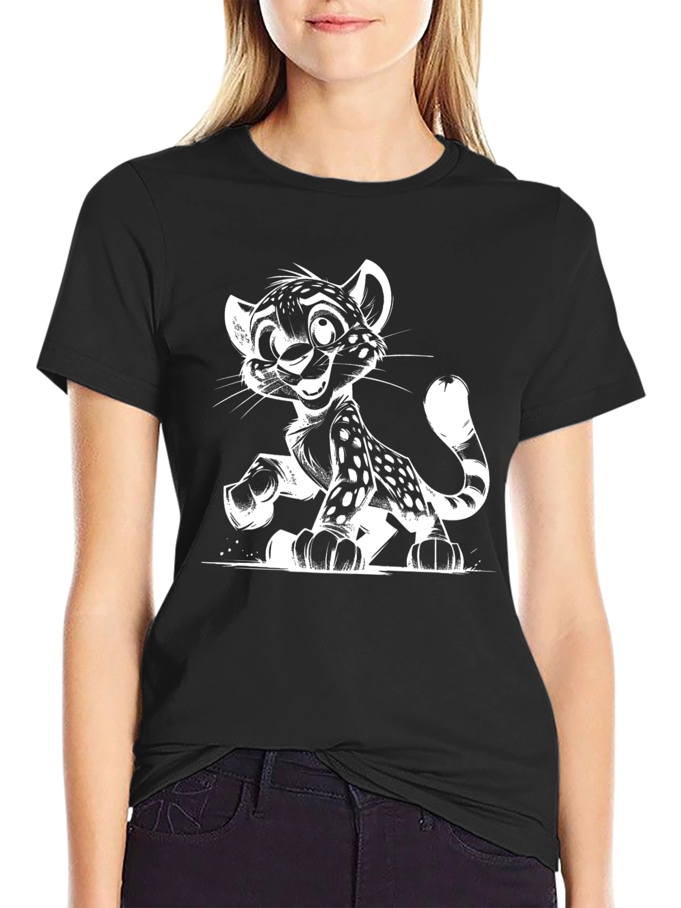 Cartoon Leopard Graphic Print Black T-Shirt