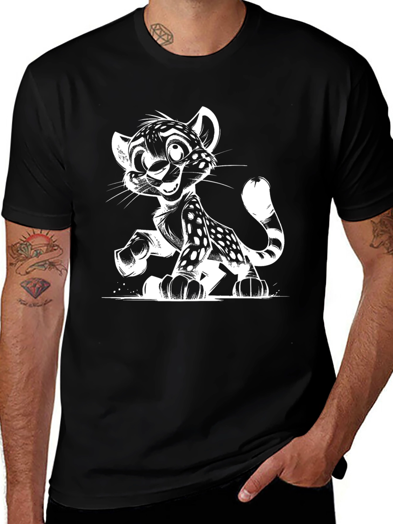 Cartoon Leopard Graphic Print Black T-Shirt