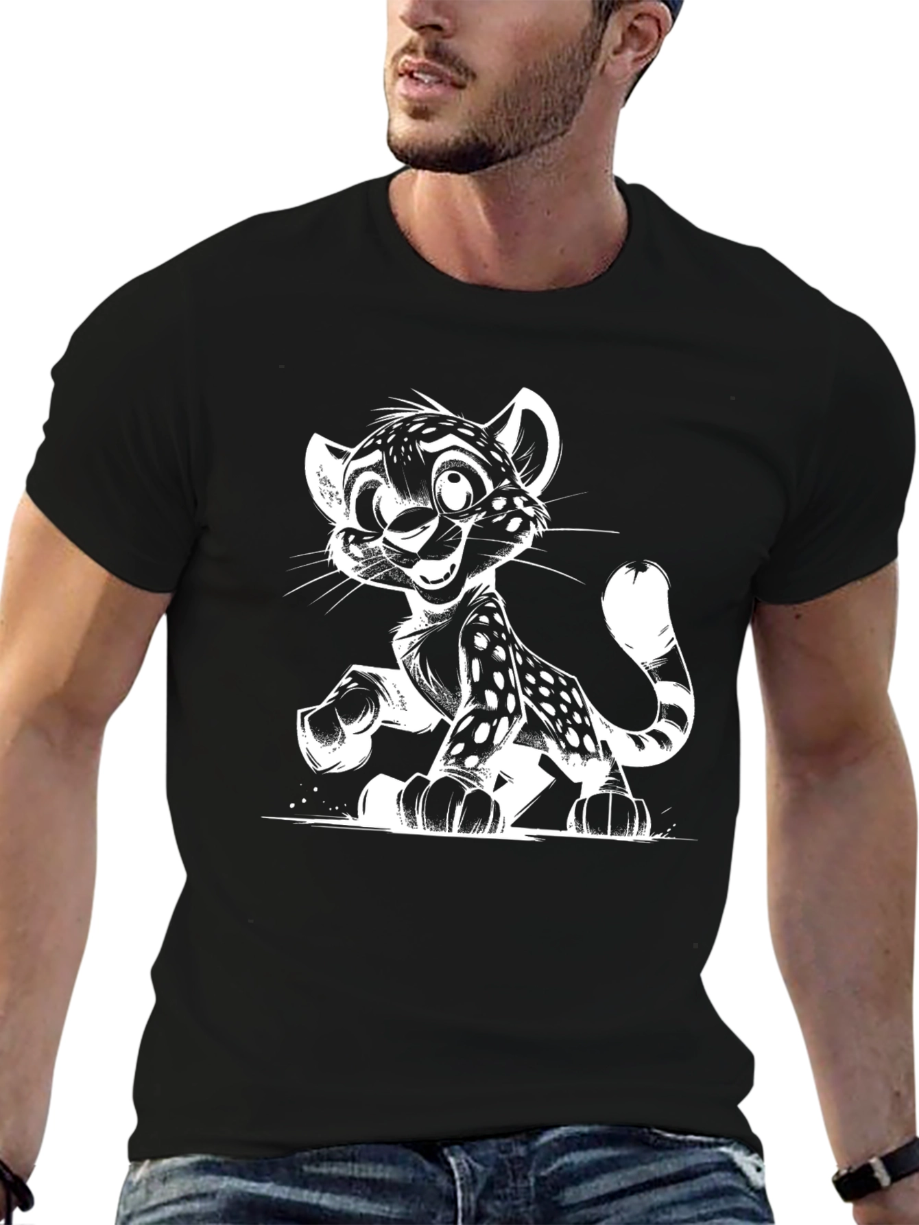 Cartoon Leopard Graphic Print Black T-Shirt