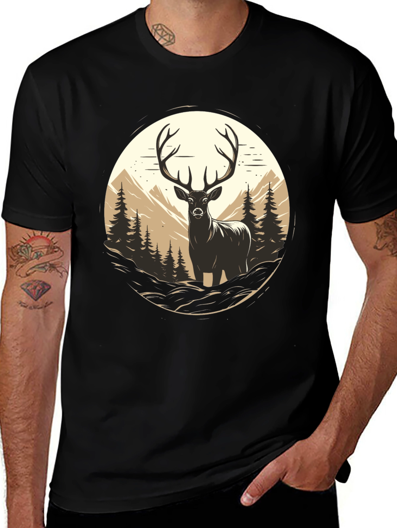 Deer in Wilderness Graphic Tee - Black
