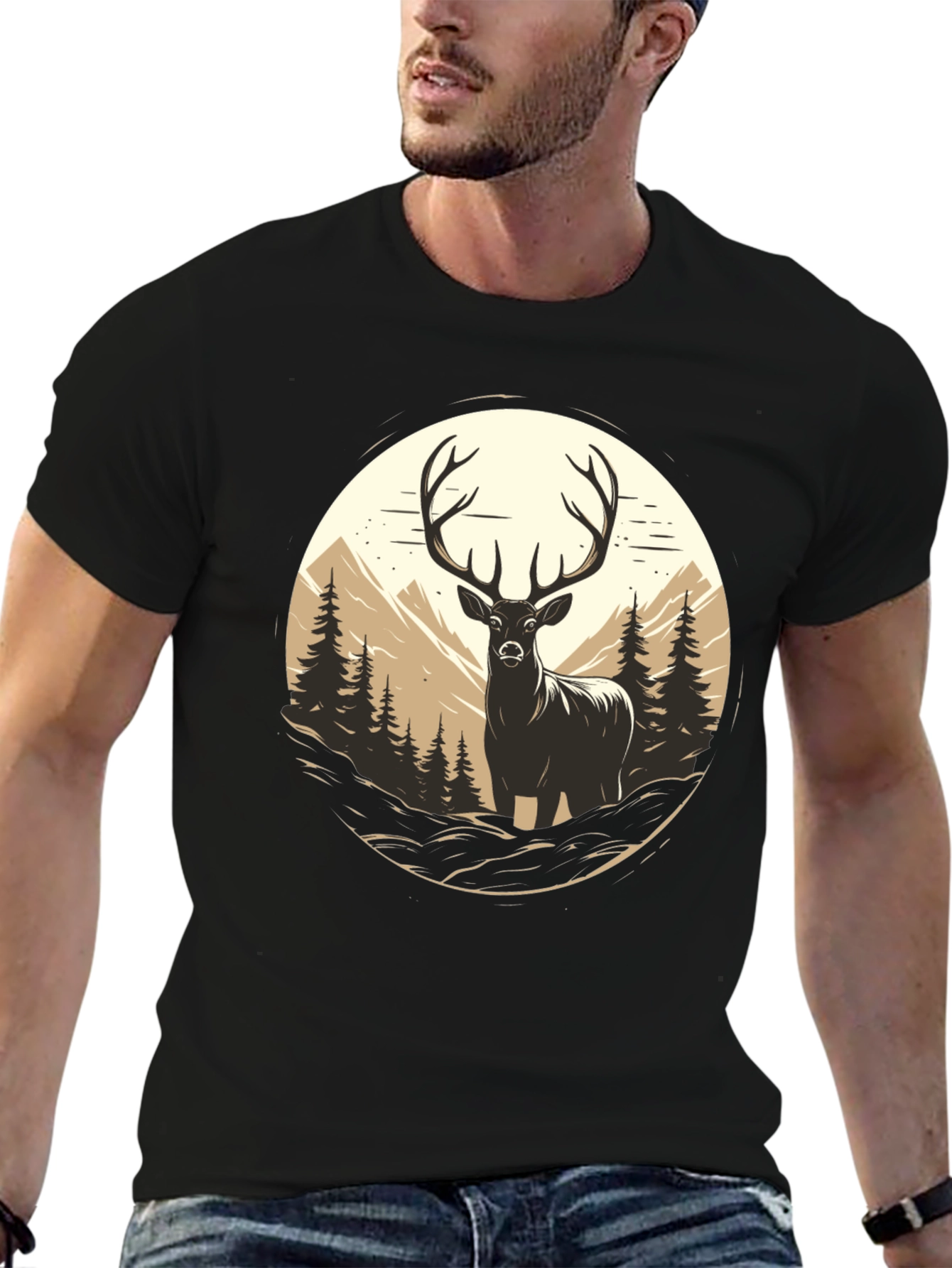 Deer in Wilderness Graphic Tee - Black
