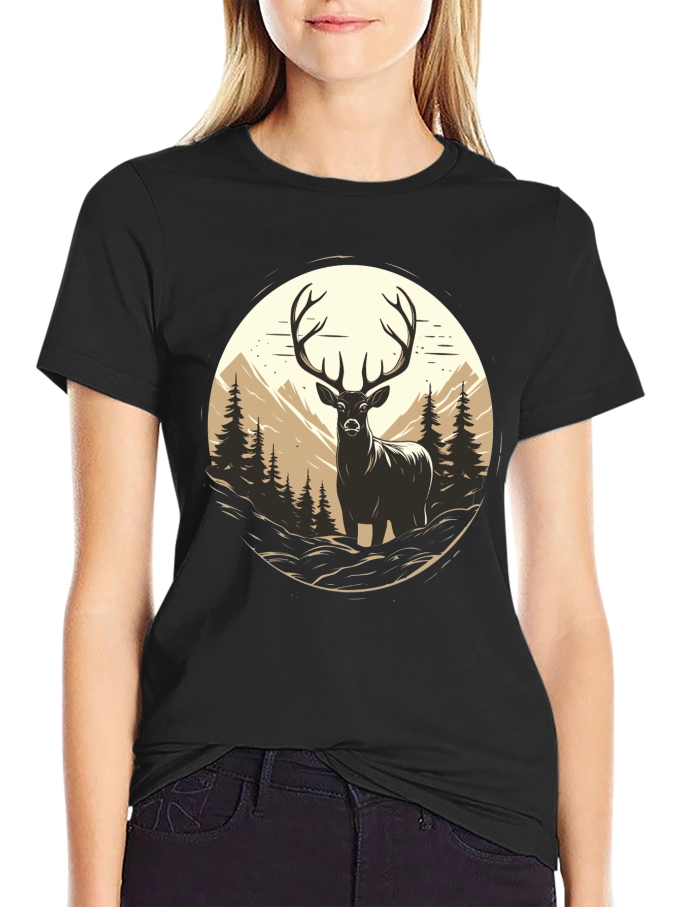 Deer in Wilderness Graphic Tee - Black