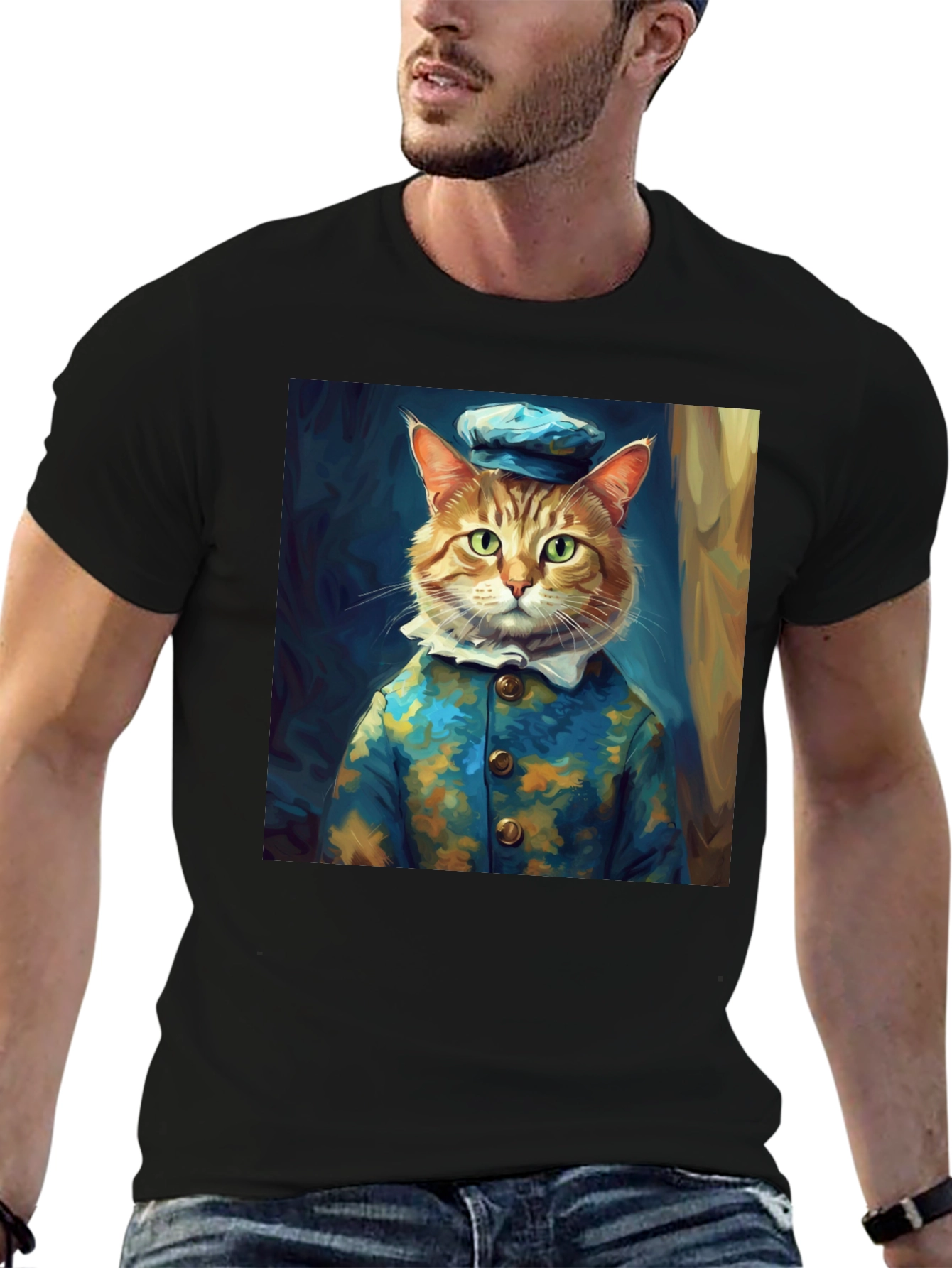 Dapper Cat Portrait Black T-Shirt