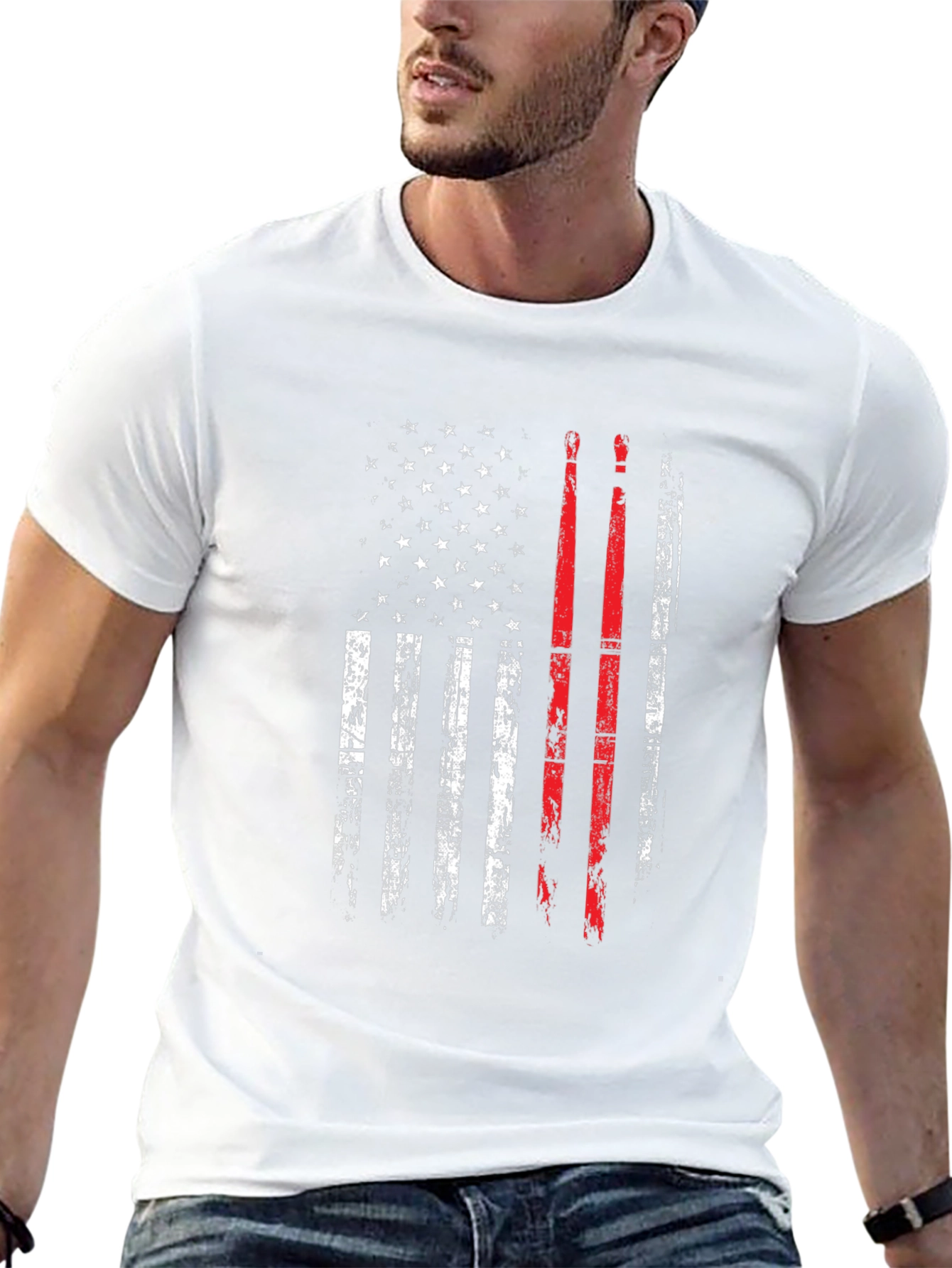 Patriotic Drummer T-Shirt: American Flag Drumsticks Design