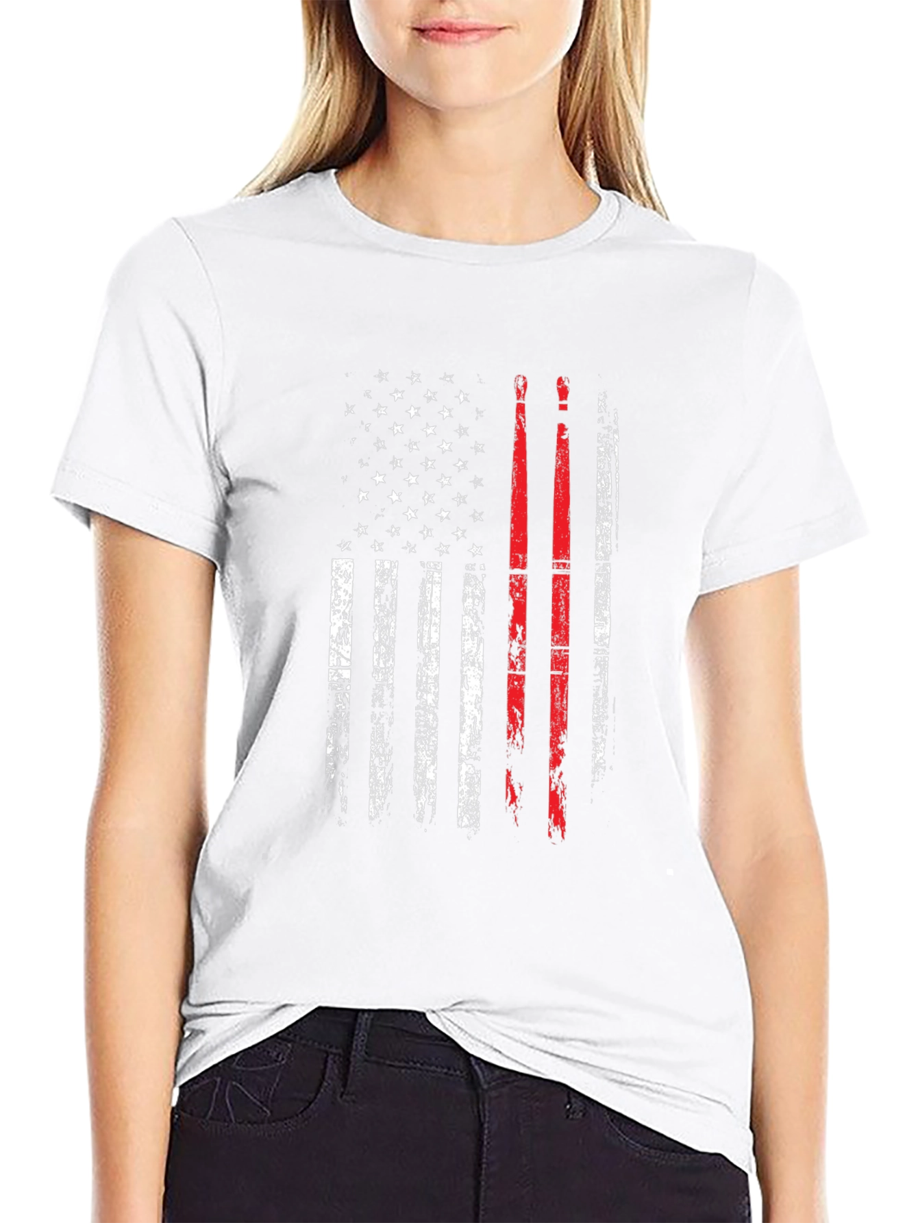 Patriotic Drummer T-Shirt: American Flag Drumsticks Design