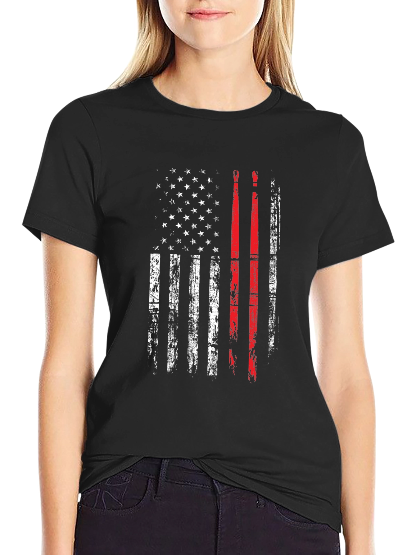 Patriotic Drummer T-Shirt: American Flag Drumsticks Design