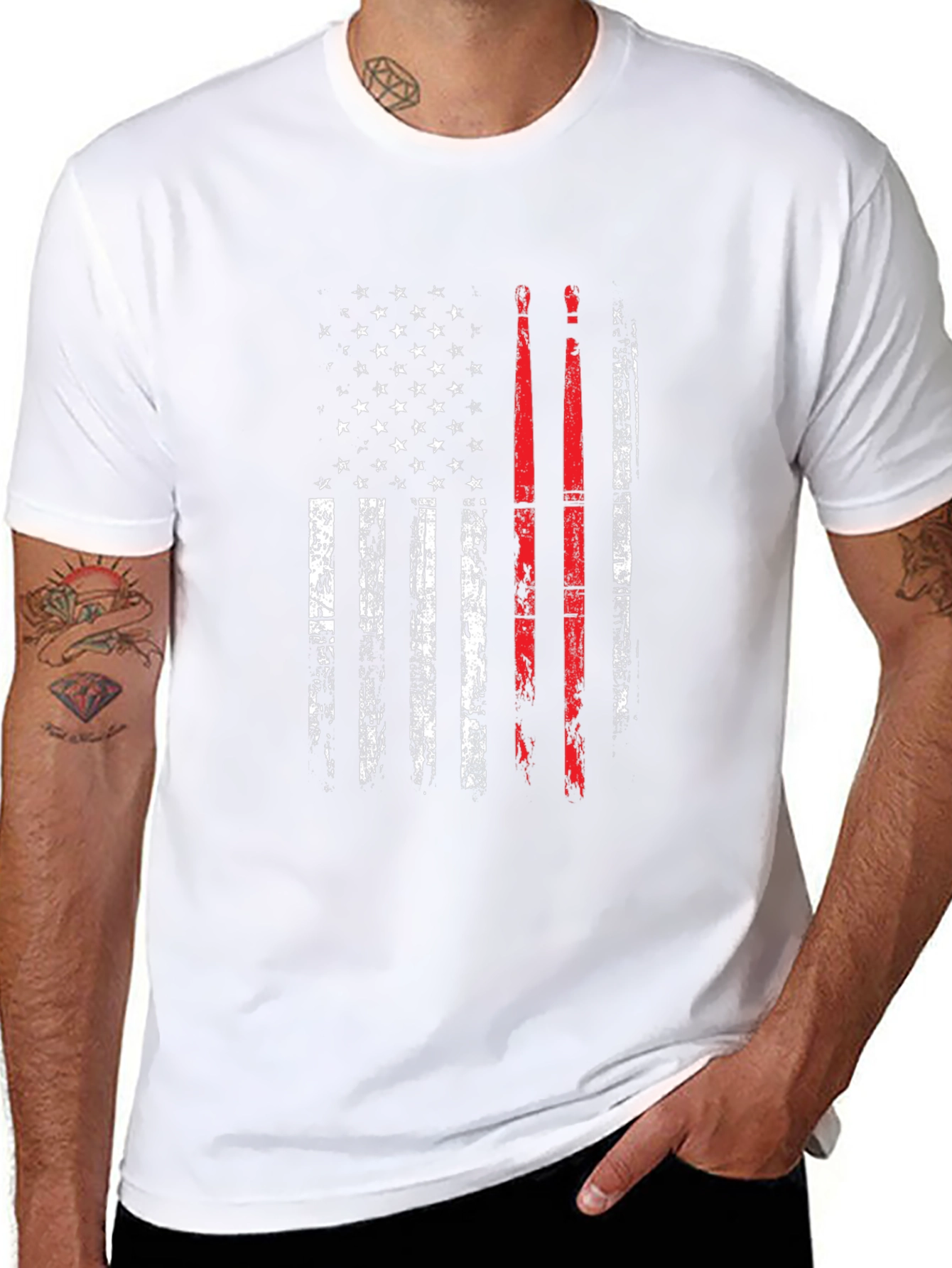 Patriotic Drummer T-Shirt: American Flag Drumsticks Design