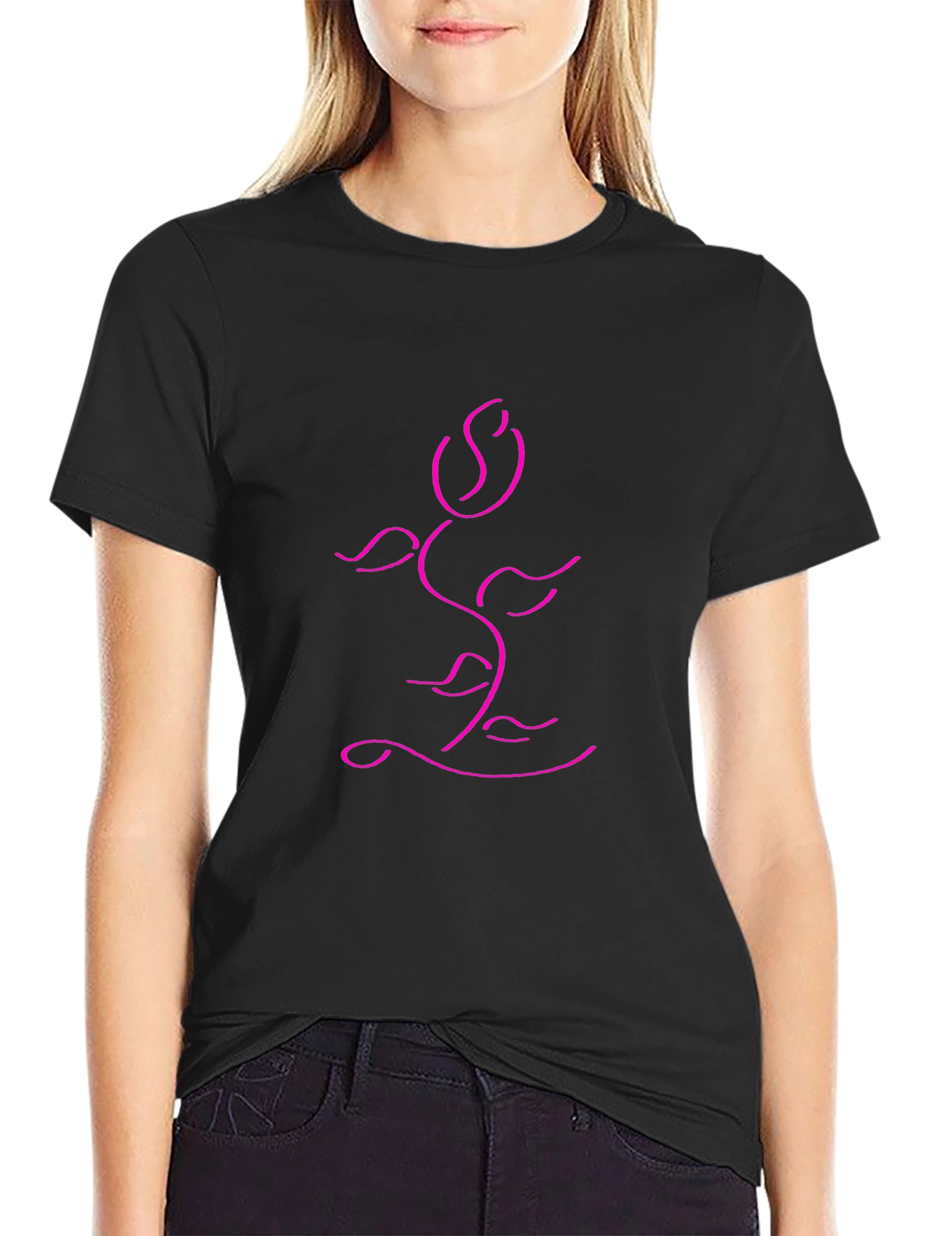 Modern Rose Line Art Black T-Shirt