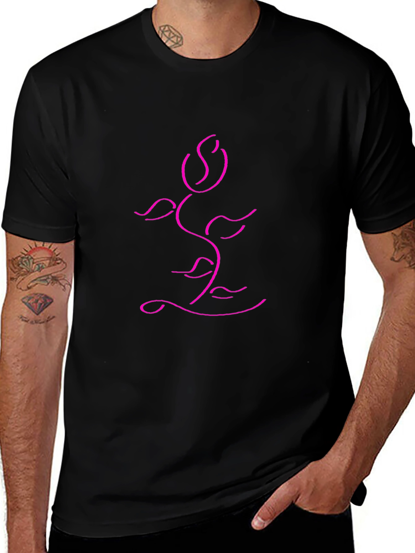 Modern Rose Line Art Black T-Shirt